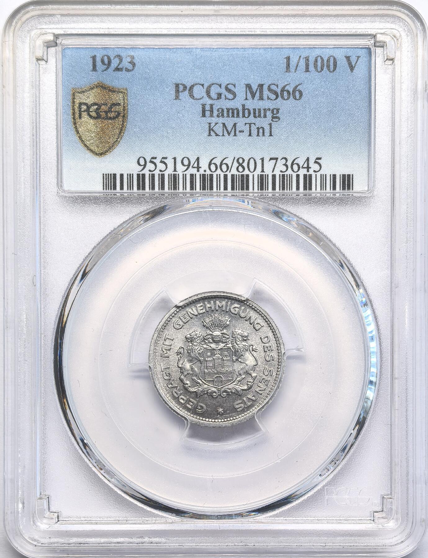 凡希社世界钱币微拍第二百八十一期 1923德紧汉堡1/100马克PCGS-MS66