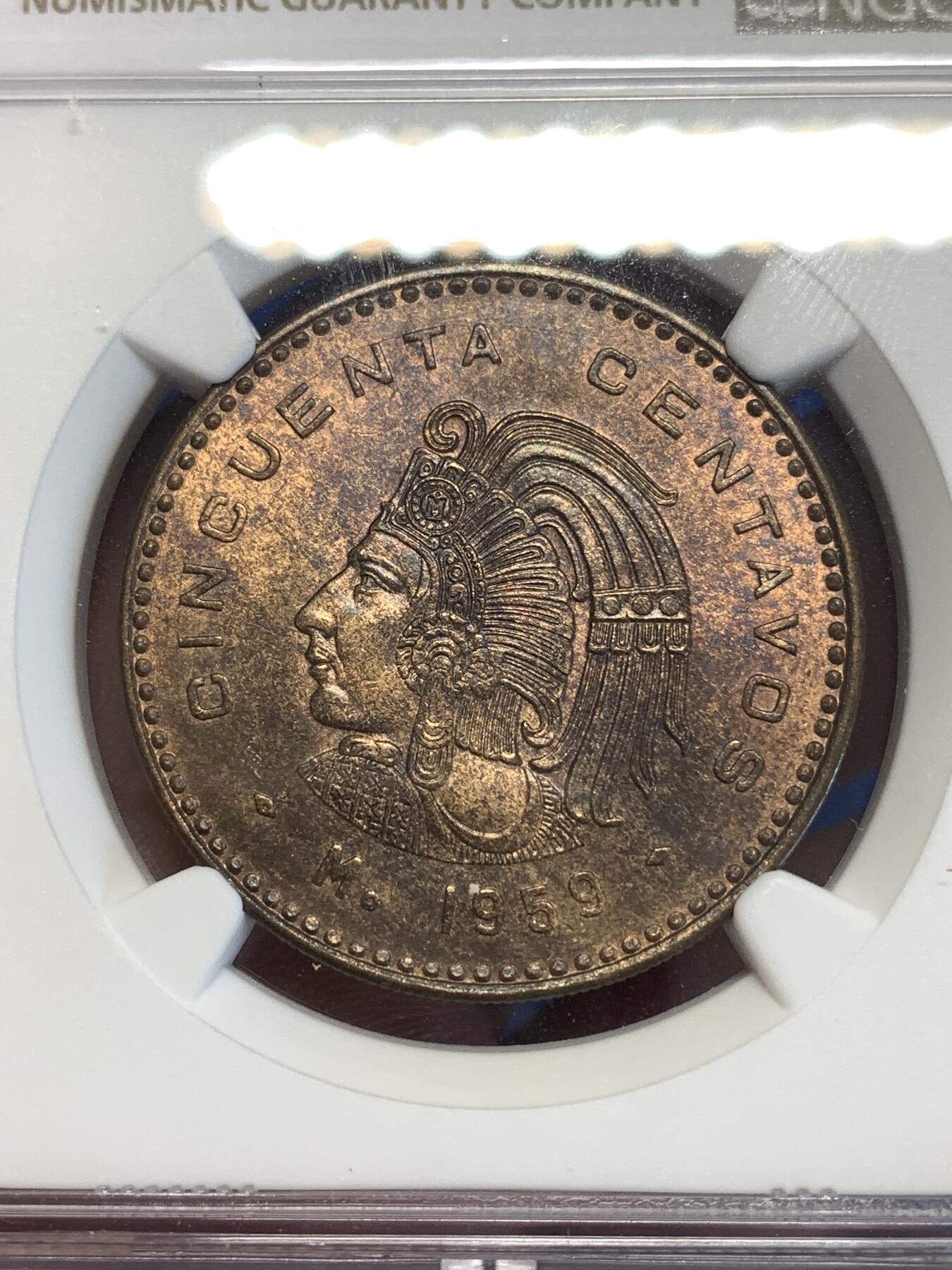 《竞宝斋》第298场- 周日，周一  2场连拍 （全场包邮） NGC MS64BN 1959 墨西哥 50分 大铜币 保存极为不易 两面的包浆和币面图案相得益彰 特别是印第安人头面 极富南美特色 手感厚重 转光漂亮