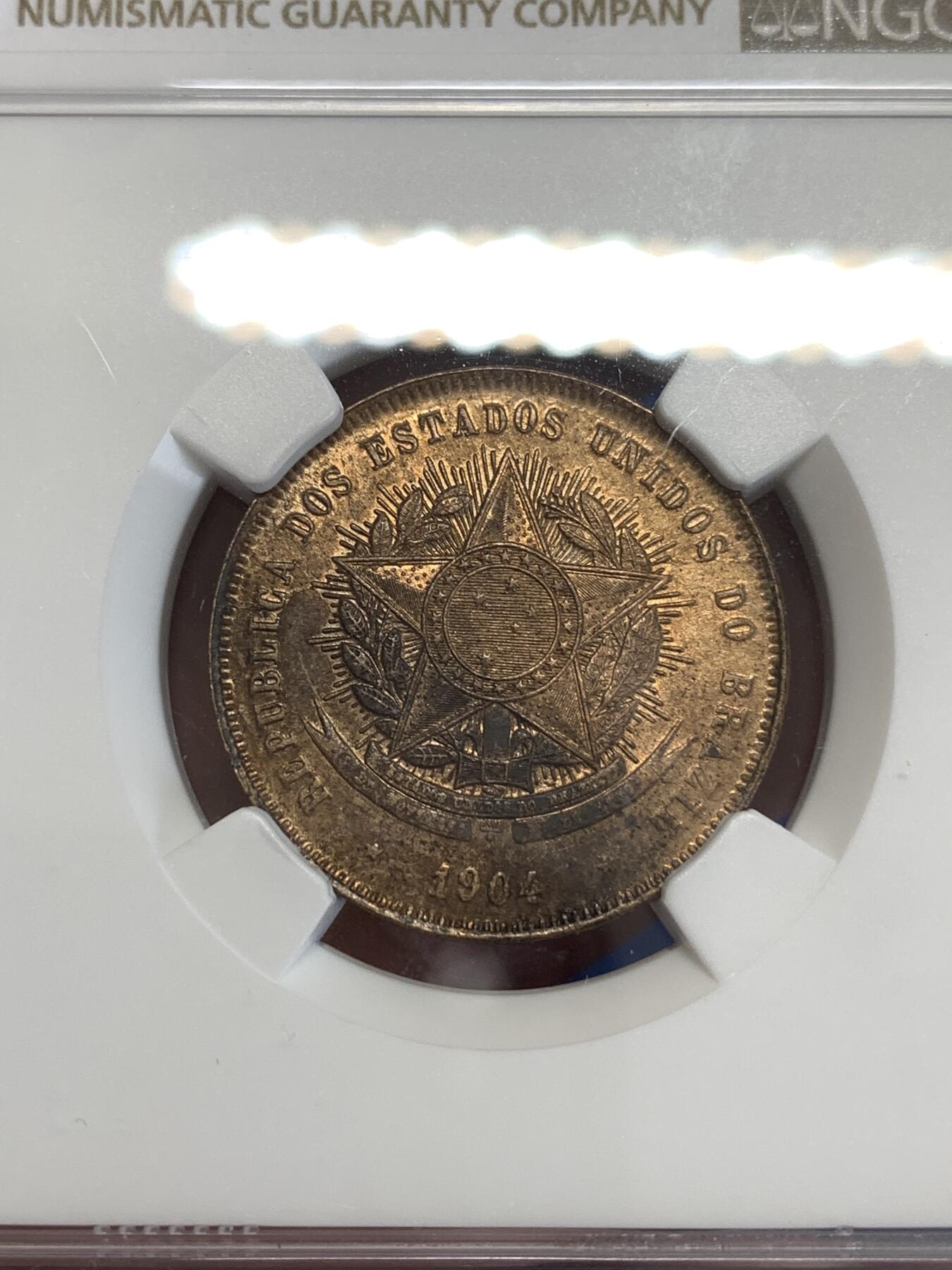 《竞宝斋》第298场- 周日，周一  2场连拍 （全场包邮） NGC MS61RB 巴西1904年20R瑞斯Reis MS少见发行时间较短好品稀少