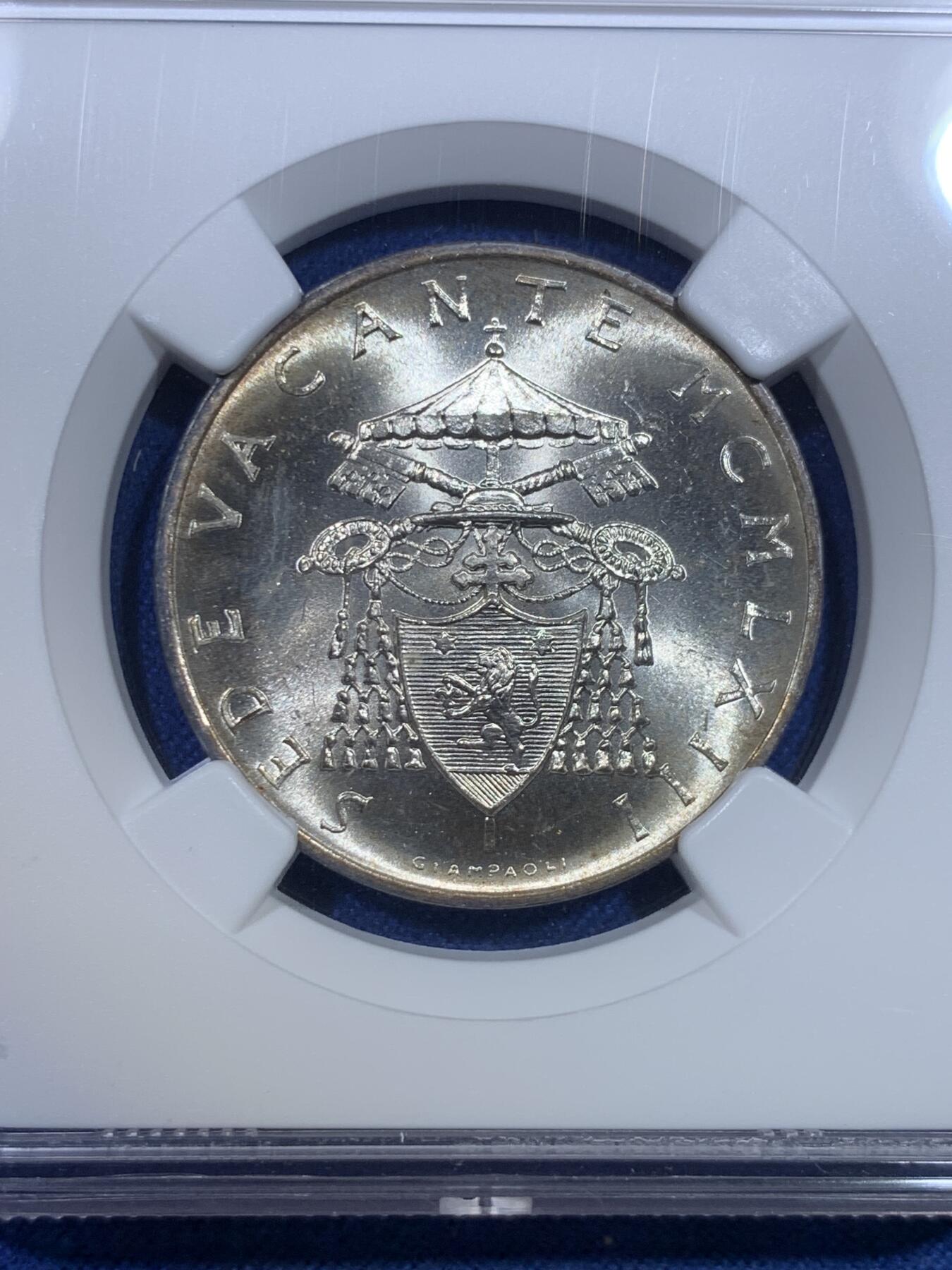 《竞宝斋》第298场- 周日，周一  2场连拍 （全场包邮） NGC MS65 梵蒂冈1963年缺位500里拉银币