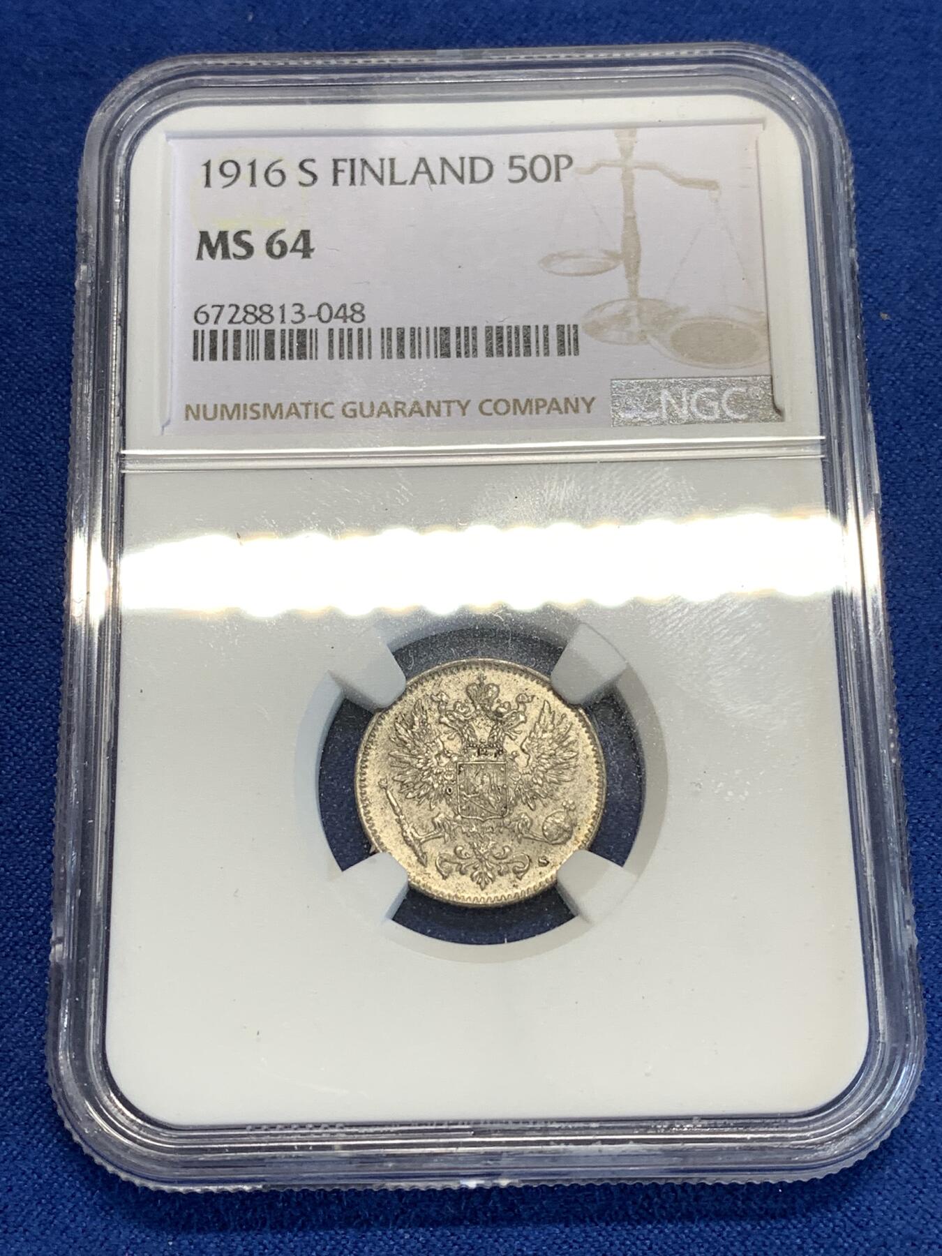 《竞宝斋》第298场- 周日，周一  2场连拍 （全场包邮） NGC MS64 俄占芬兰1916年50芬尼银币