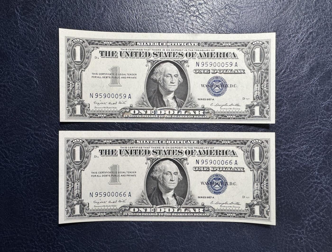 收藏联盟Quantum Auction 第369期拍卖  美国1957年1美元银币券两张 品相全新UNC 号码无347且豹子号身