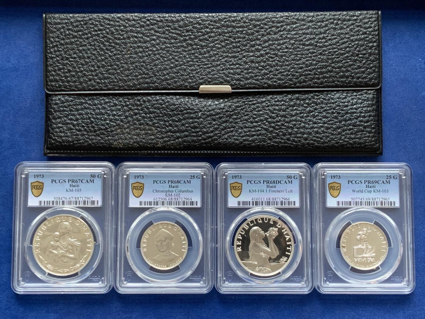 《竞宝斋》第298场- 周日，周一  2场连拍 （全场包邮） 四枚一套 PCGS PR67-69 1973年海地25-50古德银币 吹海螺的少女 带原包装钱包