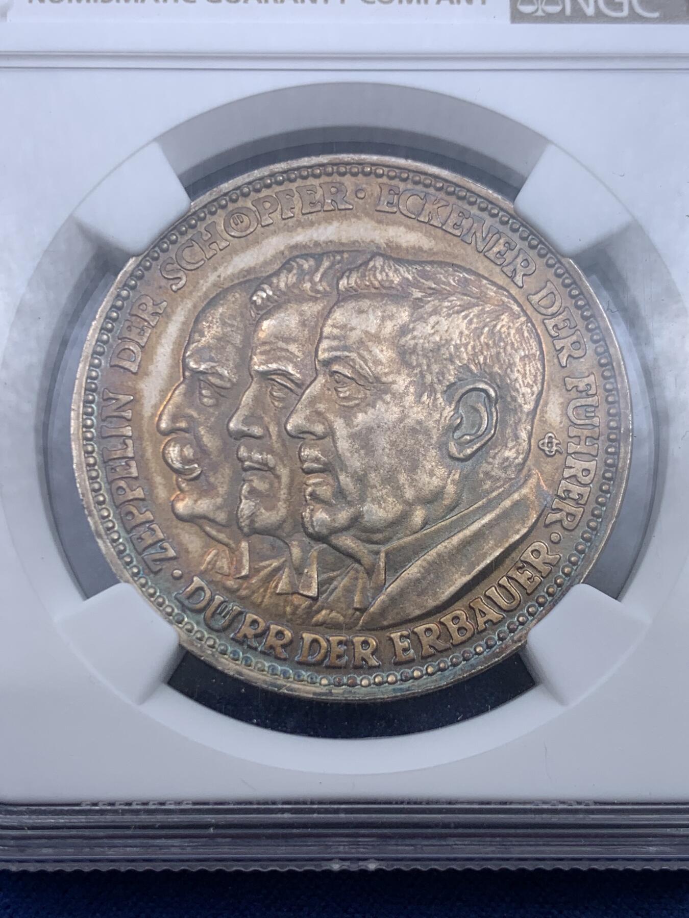 《竞宝斋》第298场- 周日，周一  2场连拍 （全场包邮） NGC MS64 德国1929齐柏林飞艇环球飞行纪念银章 落日金