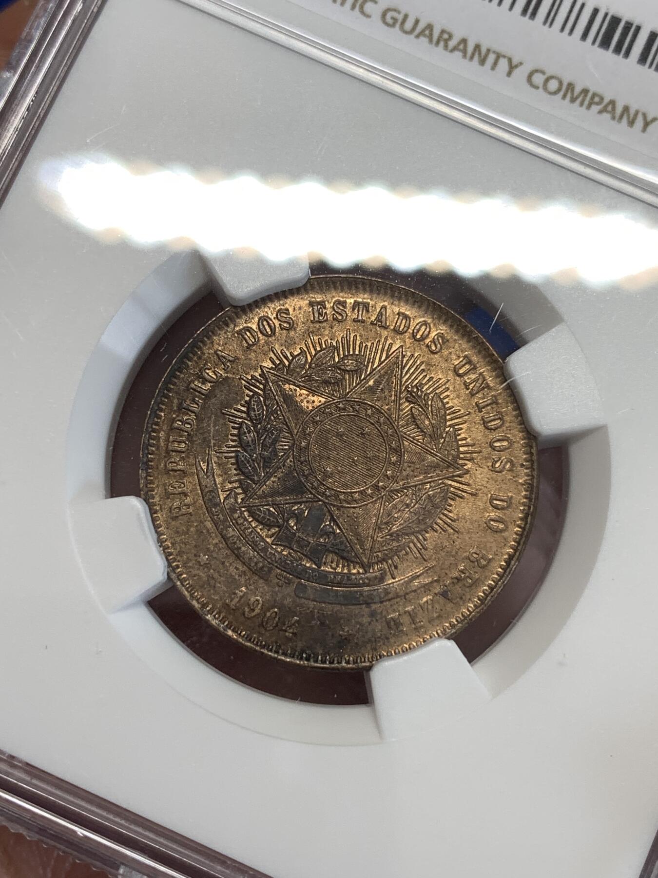 《竞宝斋》第298场- 周日，周一  2场连拍 （全场包邮） NGC MS61RB 巴西1904年20R瑞斯Reis MS少见发行时间较短好品稀少