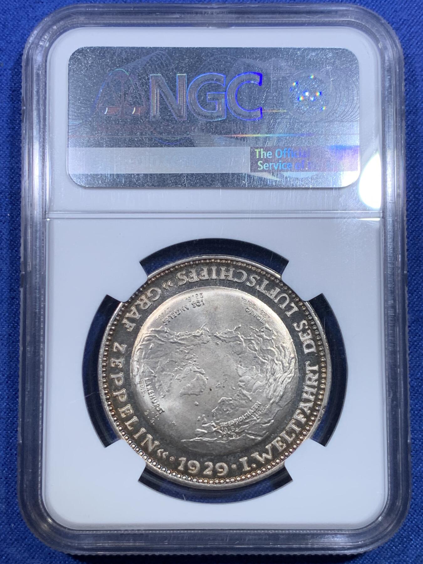 《竞宝斋》第298场- 周日，周一  2场连拍 （全场包邮） NGC MS64 德国1929齐柏林飞艇环球飞行纪念银章 落日金