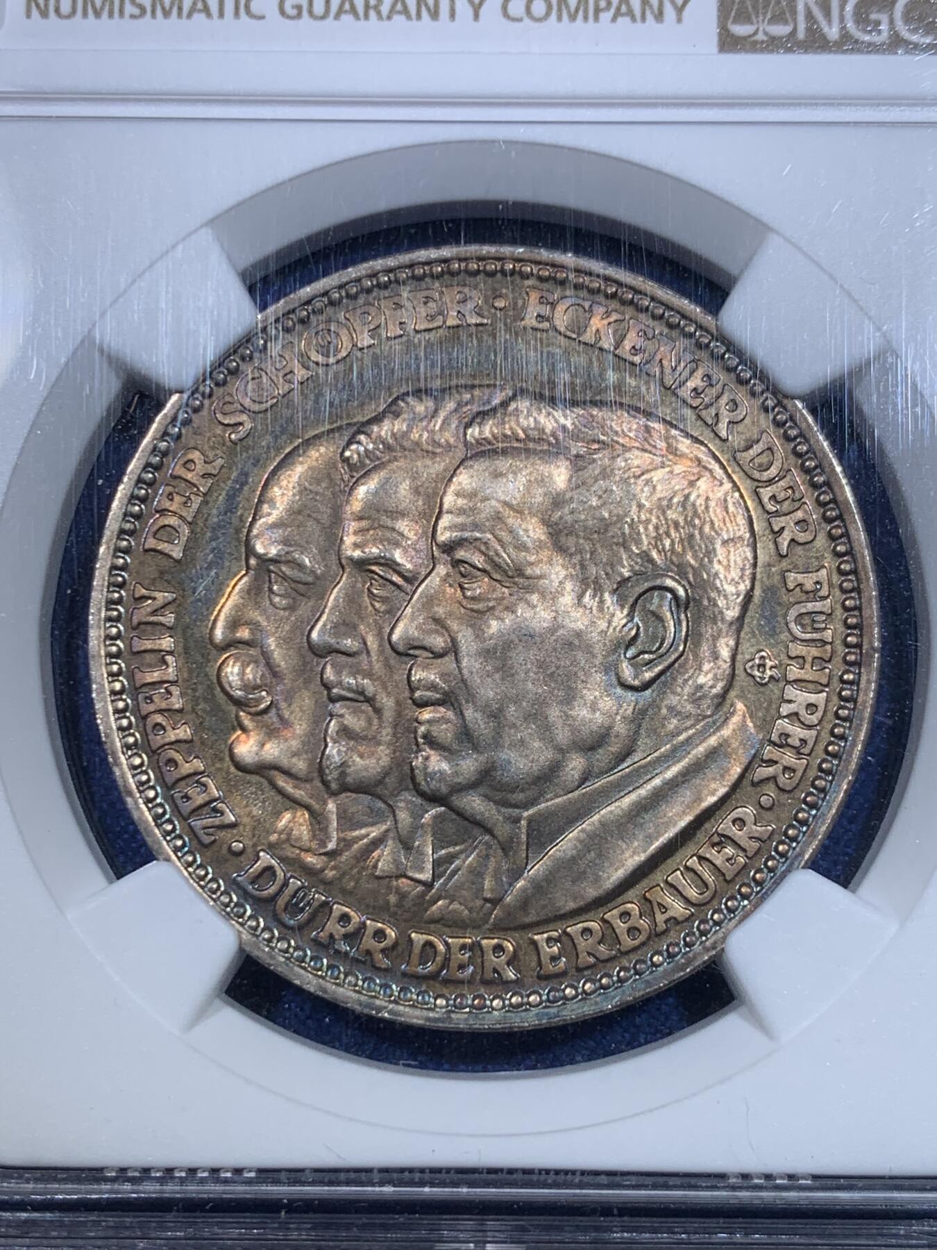 《竞宝斋》第298场- 周日，周一  2场连拍 （全场包邮） NGC MS64 德国1929齐柏林飞艇环球飞行纪念银章 落日金