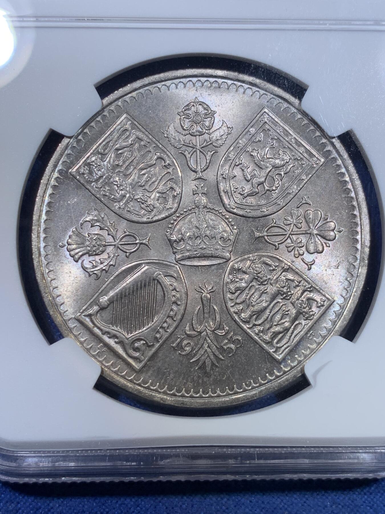 《竞宝斋》第298场- 周日，周一  2场连拍 （全场包邮） NGC MS64 1953年英国伊丽莎白二世登基纪念克朗64分