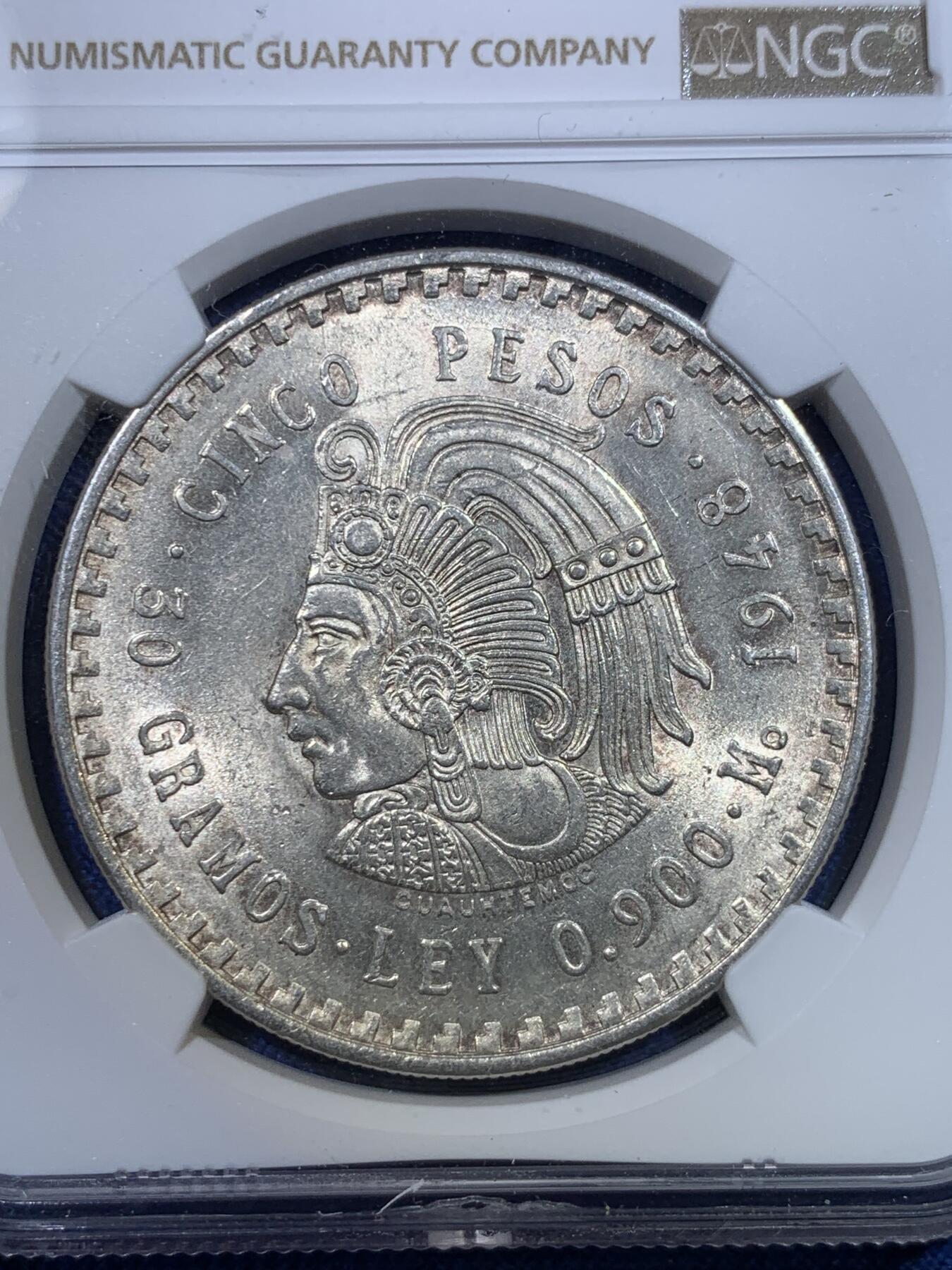 《竞宝斋》第298场- 周日，周一  2场连拍 （全场包邮） NGC MS63 墨西哥1948年玛雅酋长5比索鹰洋大银币