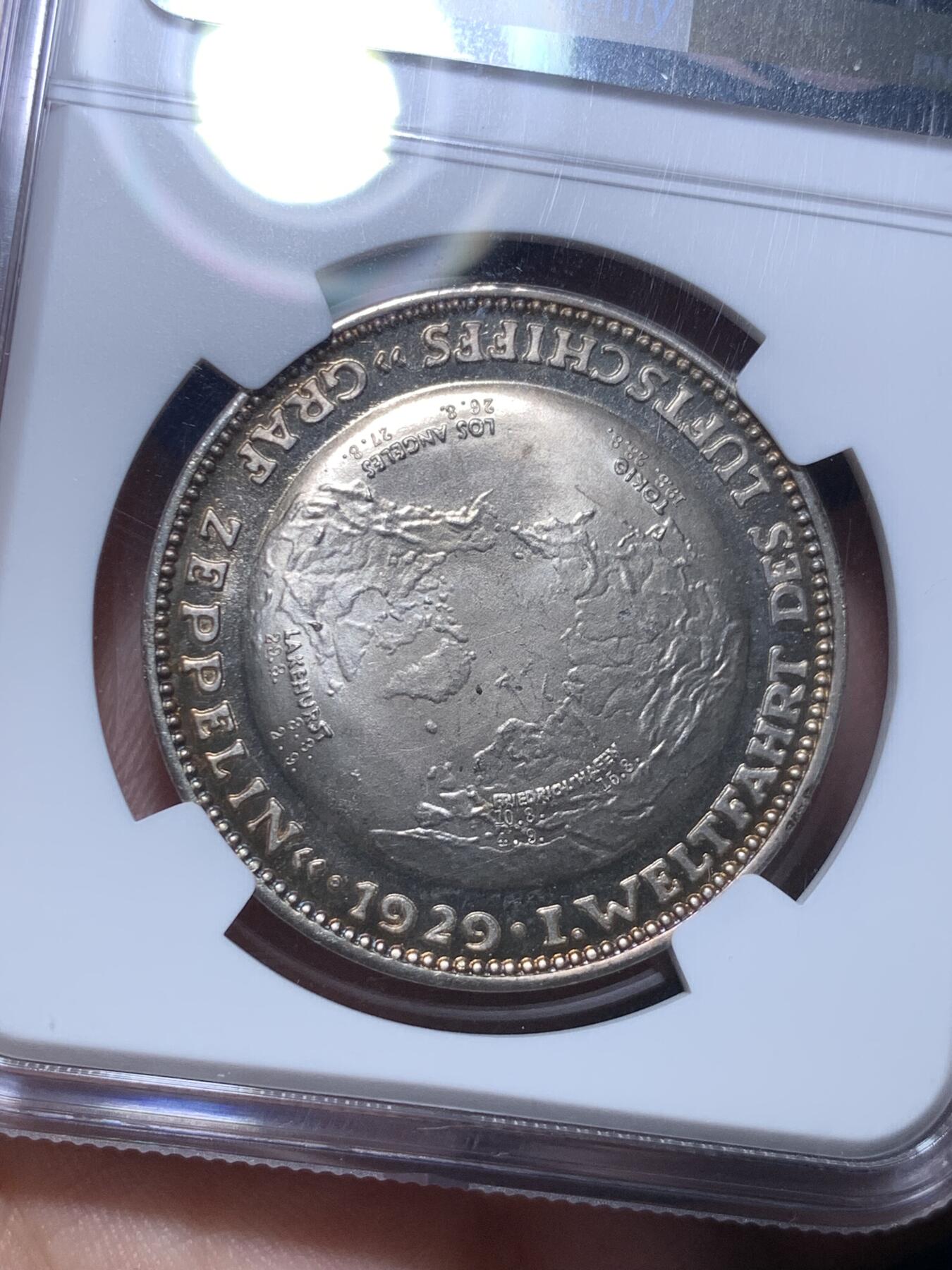 《竞宝斋》第298场- 周日，周一  2场连拍 （全场包邮） NGC MS64 德国1929齐柏林飞艇环球飞行纪念银章 落日金