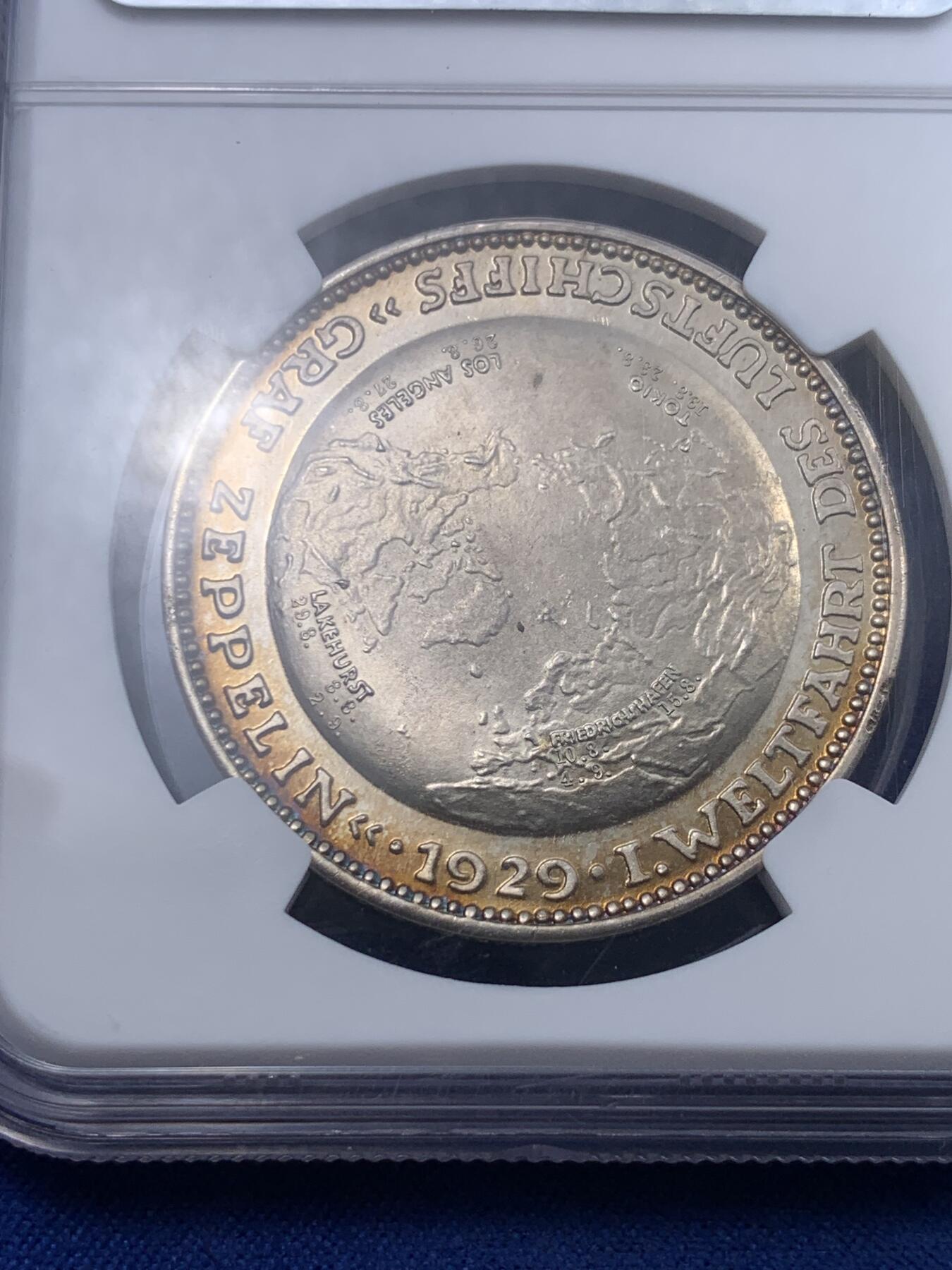 《竞宝斋》第298场- 周日，周一  2场连拍 （全场包邮） NGC MS64 德国1929齐柏林飞艇环球飞行纪念银章 落日金