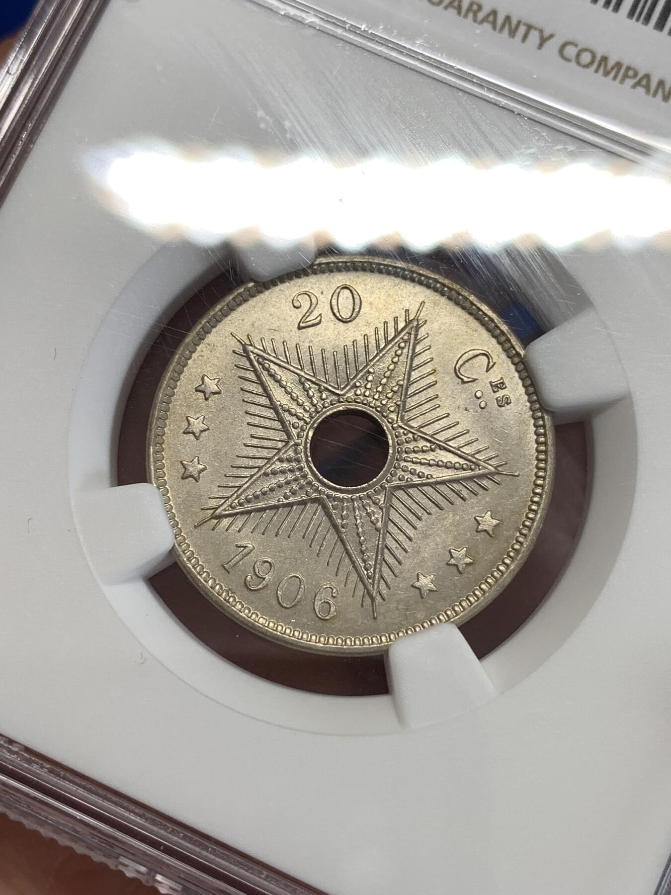 《竞宝斋》第298场- 周日，周一  2场连拍 （全场包邮） NGC MS63 刚果 1906 自由邦20分 这枚难度比较大