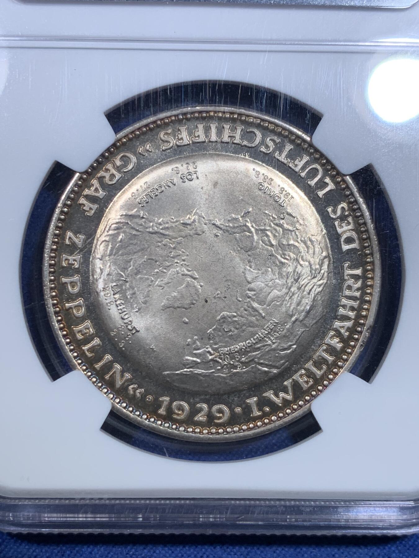 《竞宝斋》第298场- 周日，周一  2场连拍 （全场包邮） NGC MS64 德国1929齐柏林飞艇环球飞行纪念银章 落日金