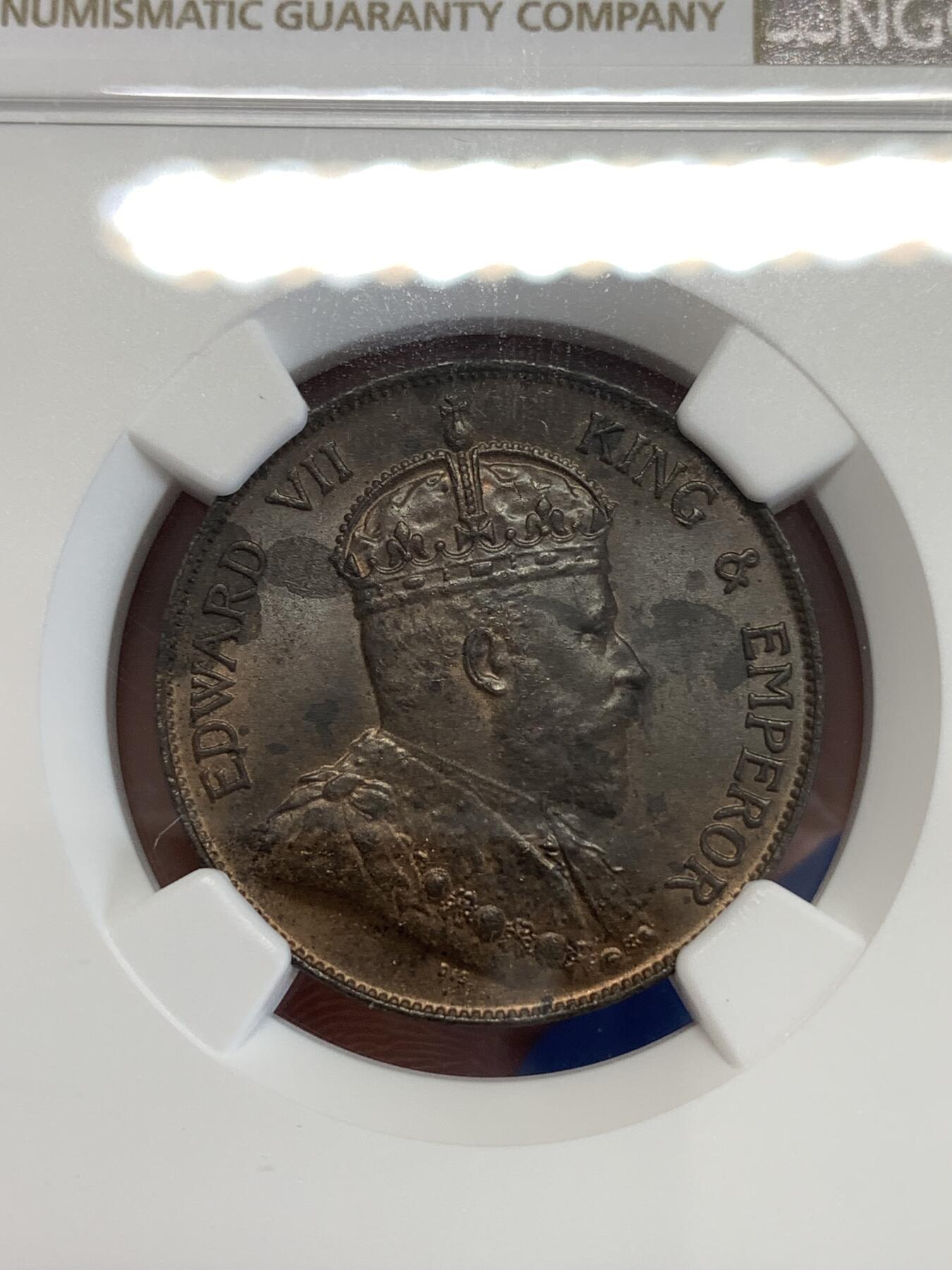 《竞宝斋》第298场- 周日，周一  2场连拍 （全场包邮） NGC MS62BN 香港 1904H年 一仙 爱德华 铜币 原味浆