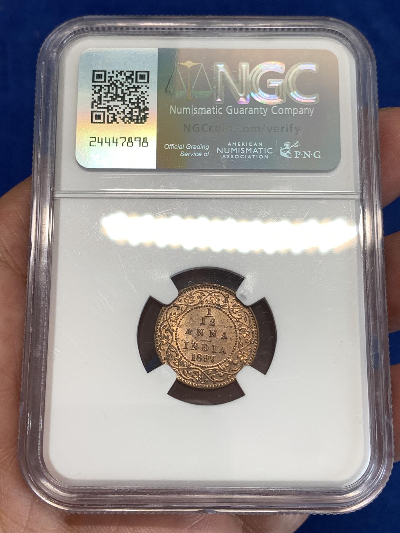 《竞宝斋》第298场- 周日，周一  2场连拍 （全场包邮） NGC MS62RB 印度1897-C版1/12安娜铜币