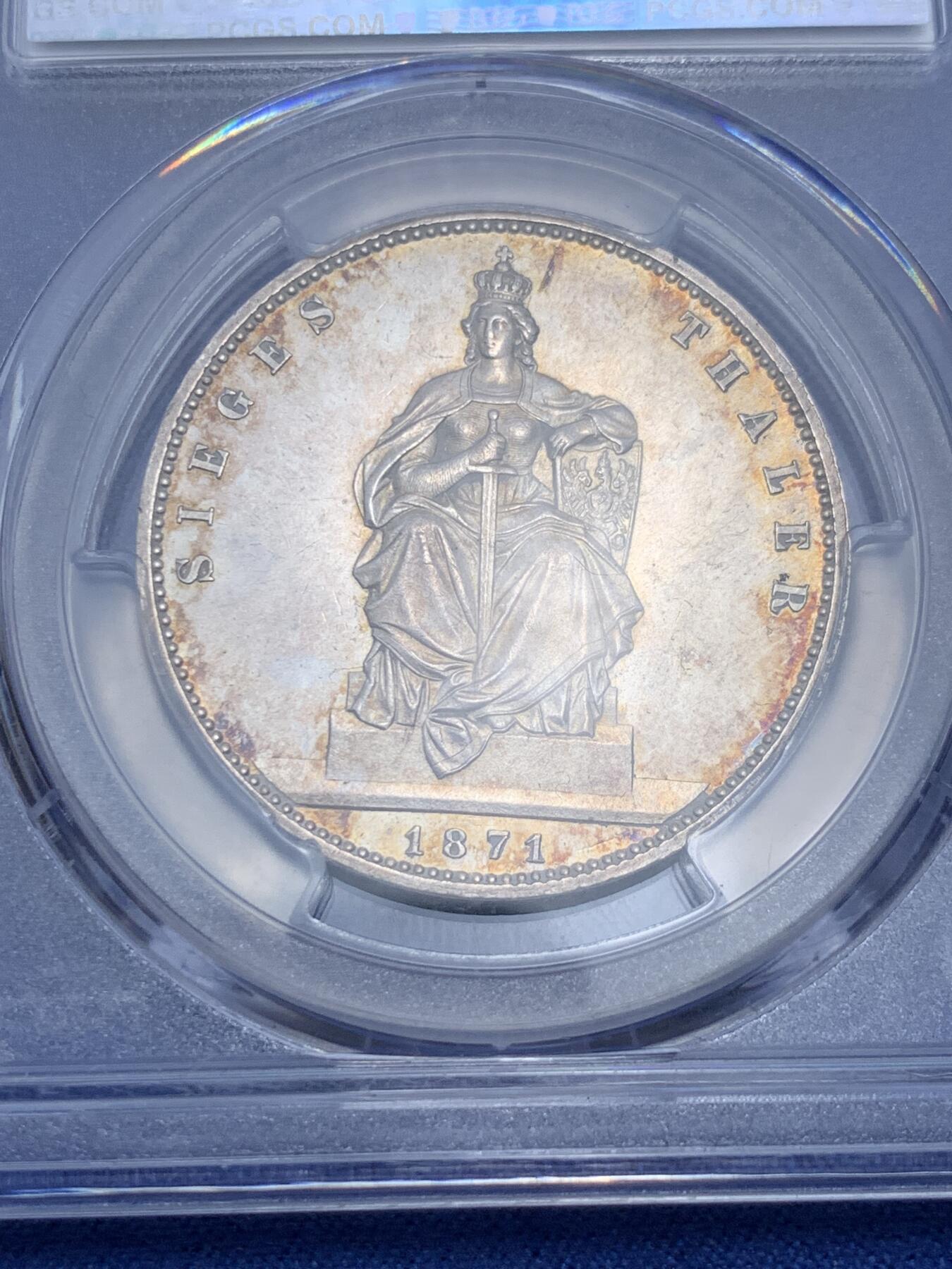 《竞宝斋》第298场- 周日，周一  2场连拍 （全场包邮） PCGS UNCD 1871年德国普鲁士普法战争胜利1泰勒 细节很好 正面有洗痕 PL带五彩状态