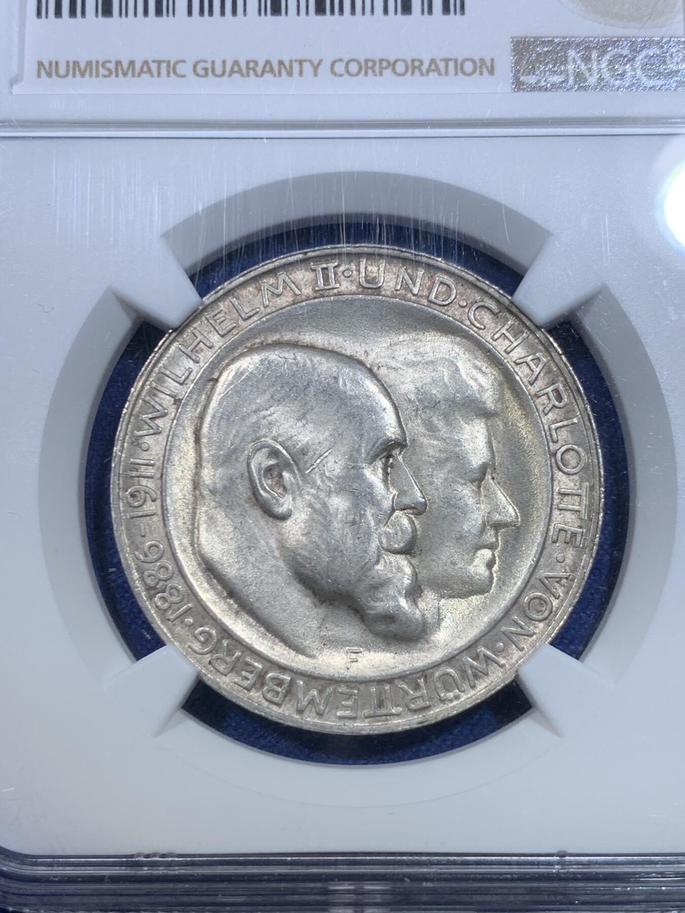 《竞宝斋》第298场- 周日，周一  2场连拍 （全场包邮） NGC MS64 德国1911年符腾堡婚礼3马克银币