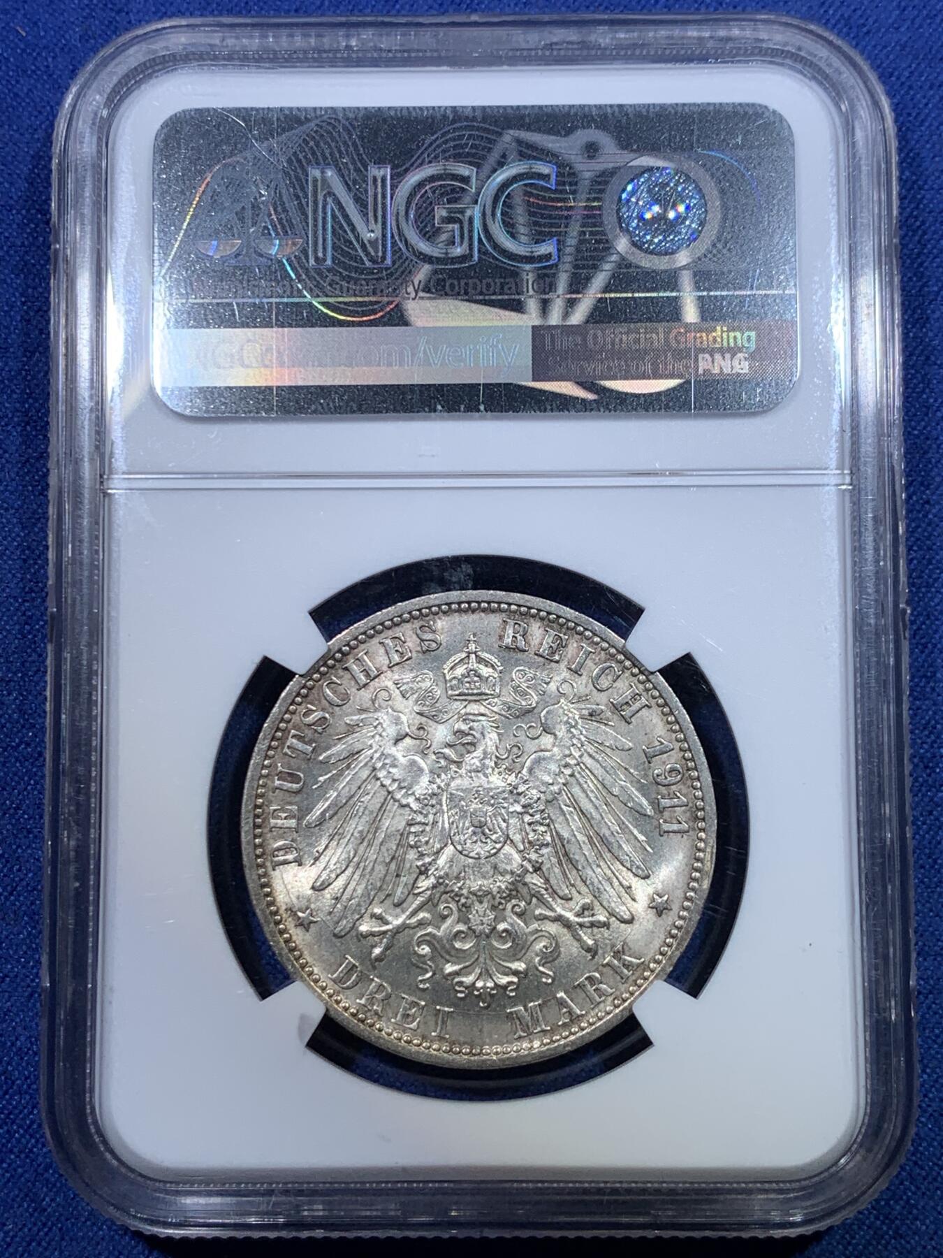 《竞宝斋》第298场- 周日，周一  2场连拍 （全场包邮） NGC MS64 德国1911年符腾堡婚礼3马克银币