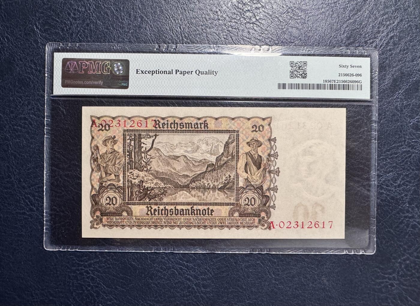 收藏联盟Quantum Auction 第370期拍卖  德国1939年20马克A冠  PMG67 号码无4