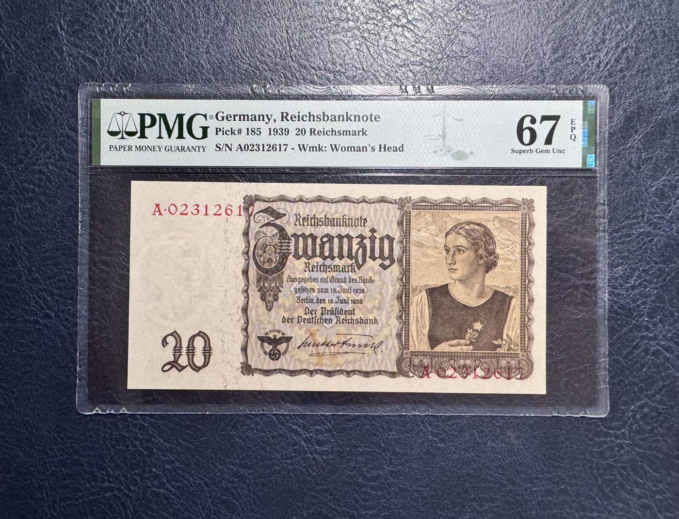 收藏联盟Quantum Auction 第370期拍卖  德国1939年20马克A冠  PMG67 号码无4