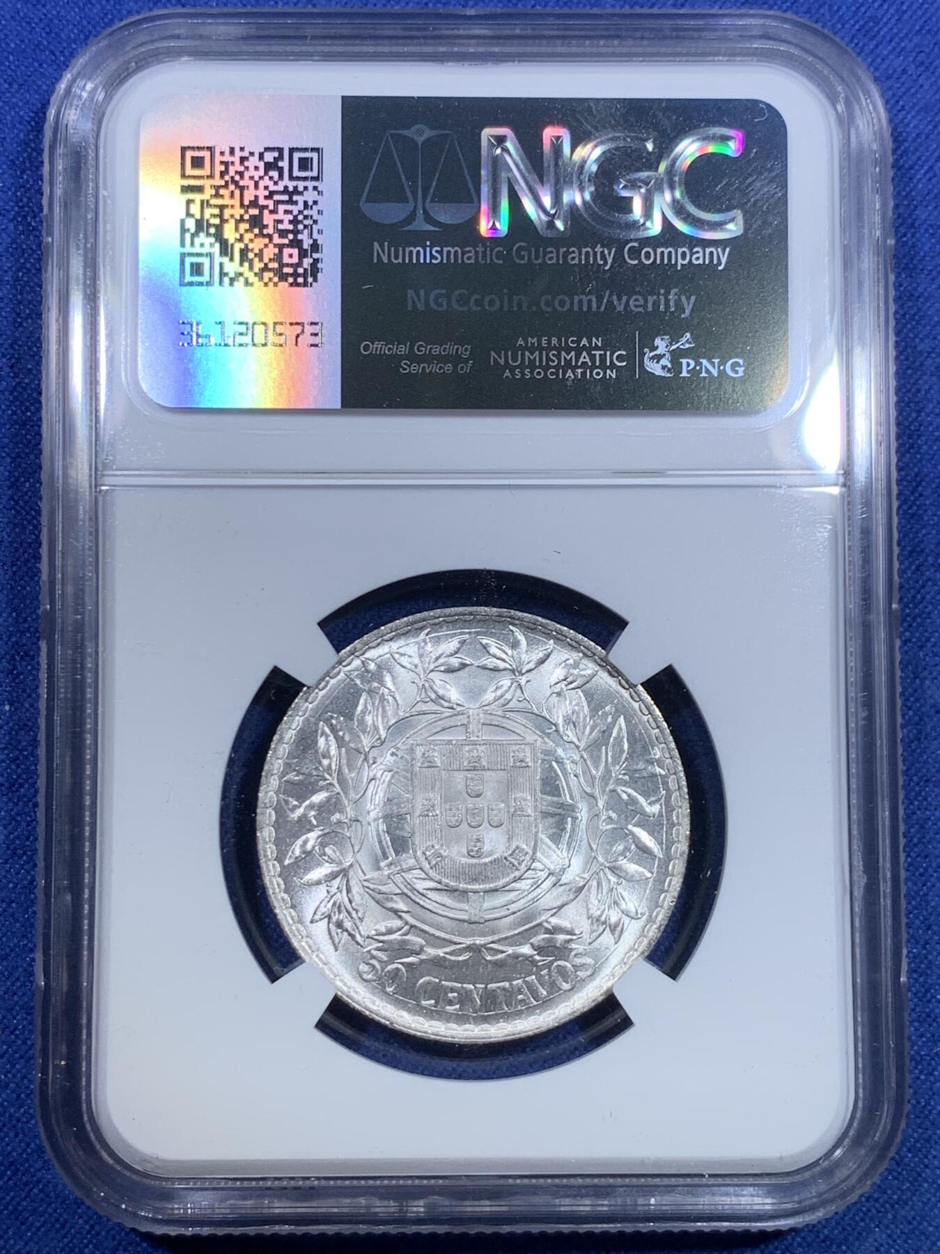 《竞宝斋》第298场- 周日，周一  2场连拍 （全场包邮） NGC MS64 葡萄牙1916年自由女神半圆50分银币