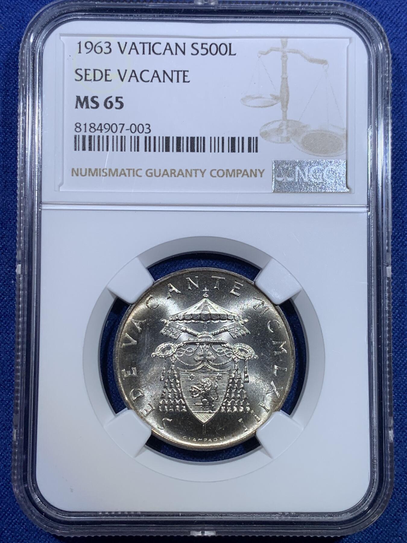 《竞宝斋》第298场- 周日，周一  2场连拍 （全场包邮） NGC MS65 梵蒂冈1963年缺位500里拉银币