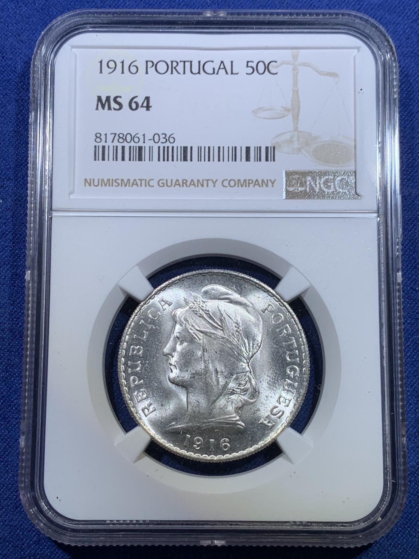 《竞宝斋》第298场- 周日，周一  2场连拍 （全场包邮） NGC MS64 葡萄牙1916年自由女神半圆50分银币