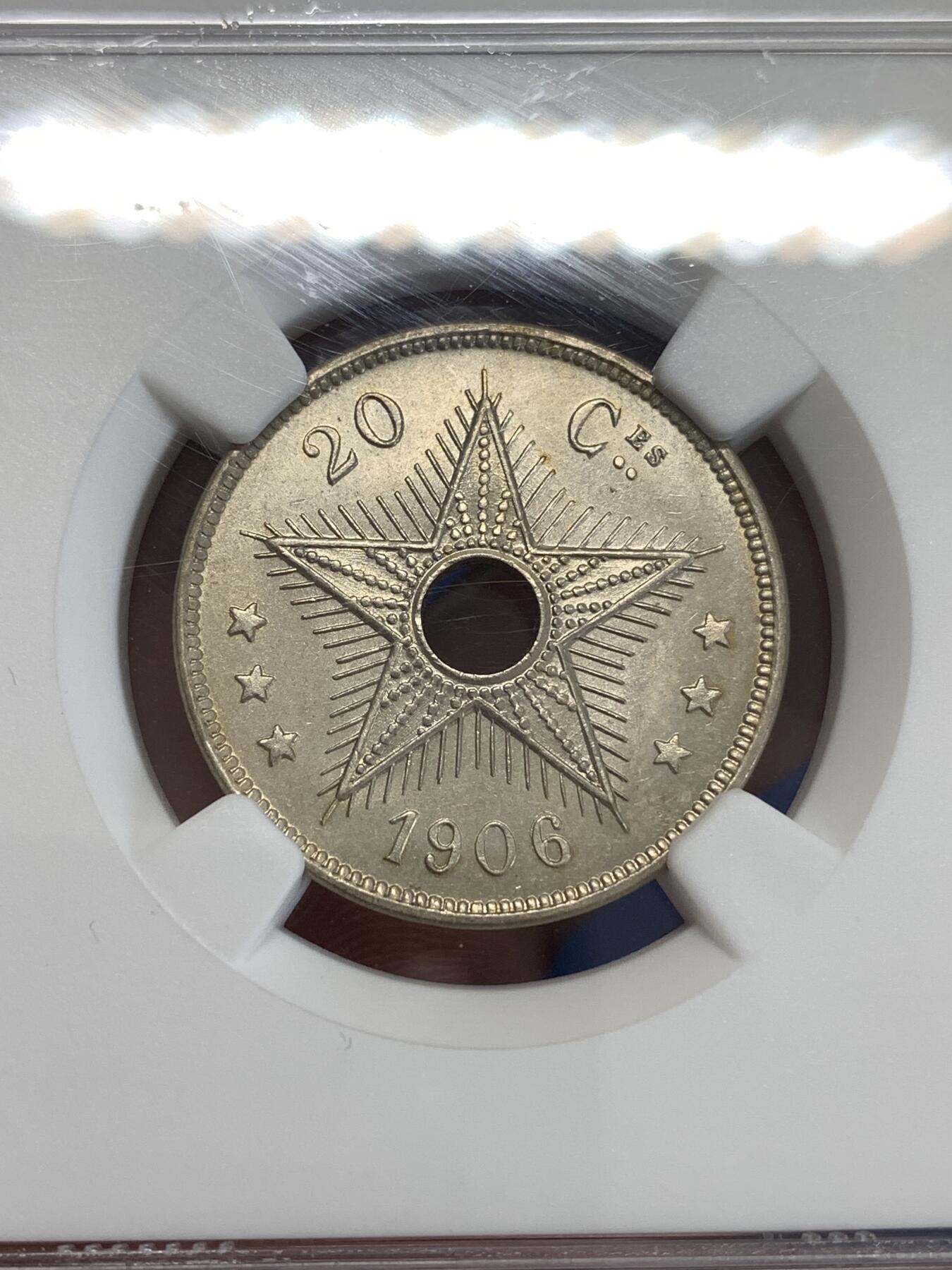 《竞宝斋》第298场- 周日，周一  2场连拍 （全场包邮） NGC MS63 刚果 1906 自由邦20分 这枚难度比较大