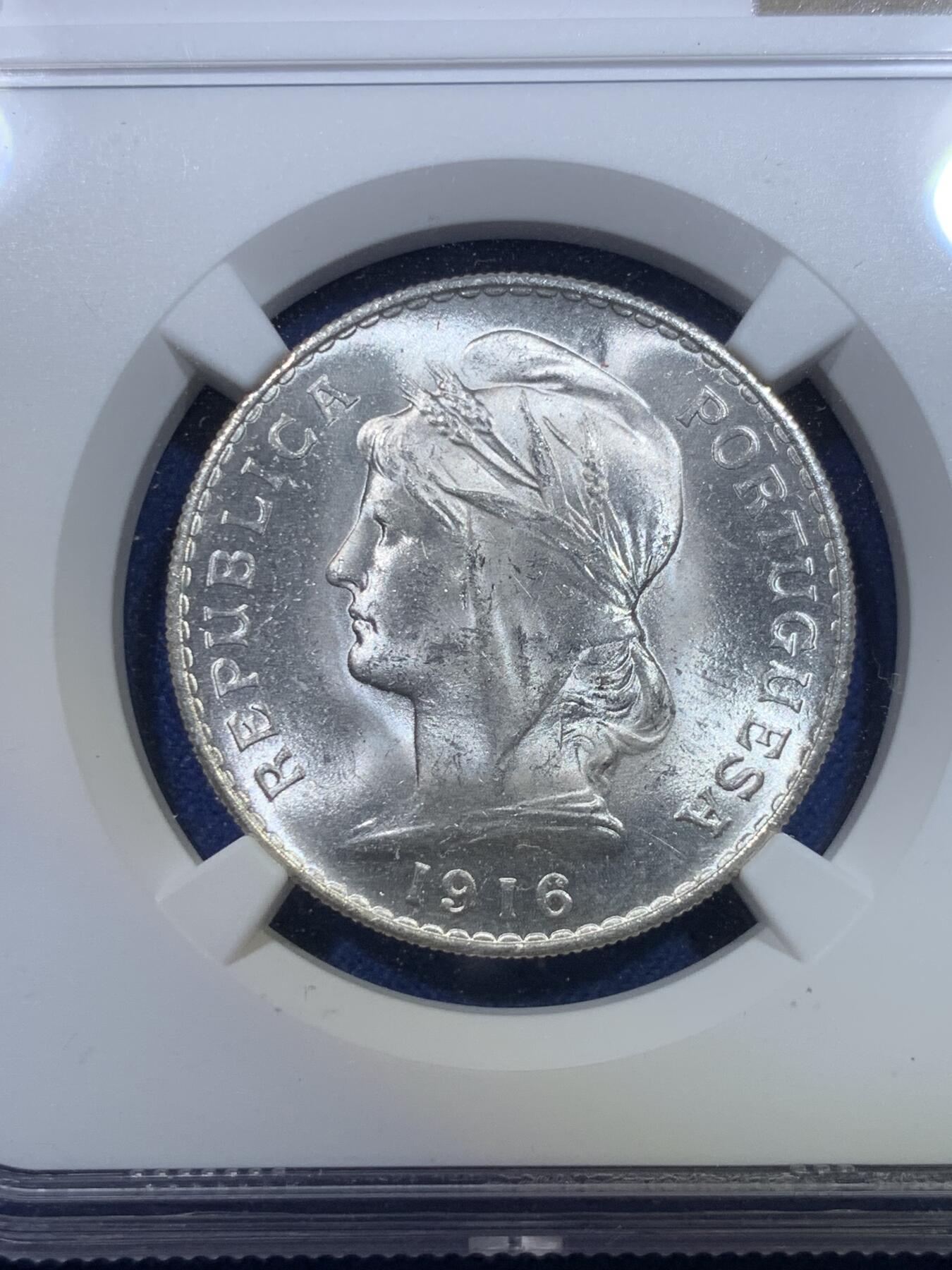 《竞宝斋》第298场- 周日，周一  2场连拍 （全场包邮） NGC MS64 葡萄牙1916年自由女神半圆50分银币