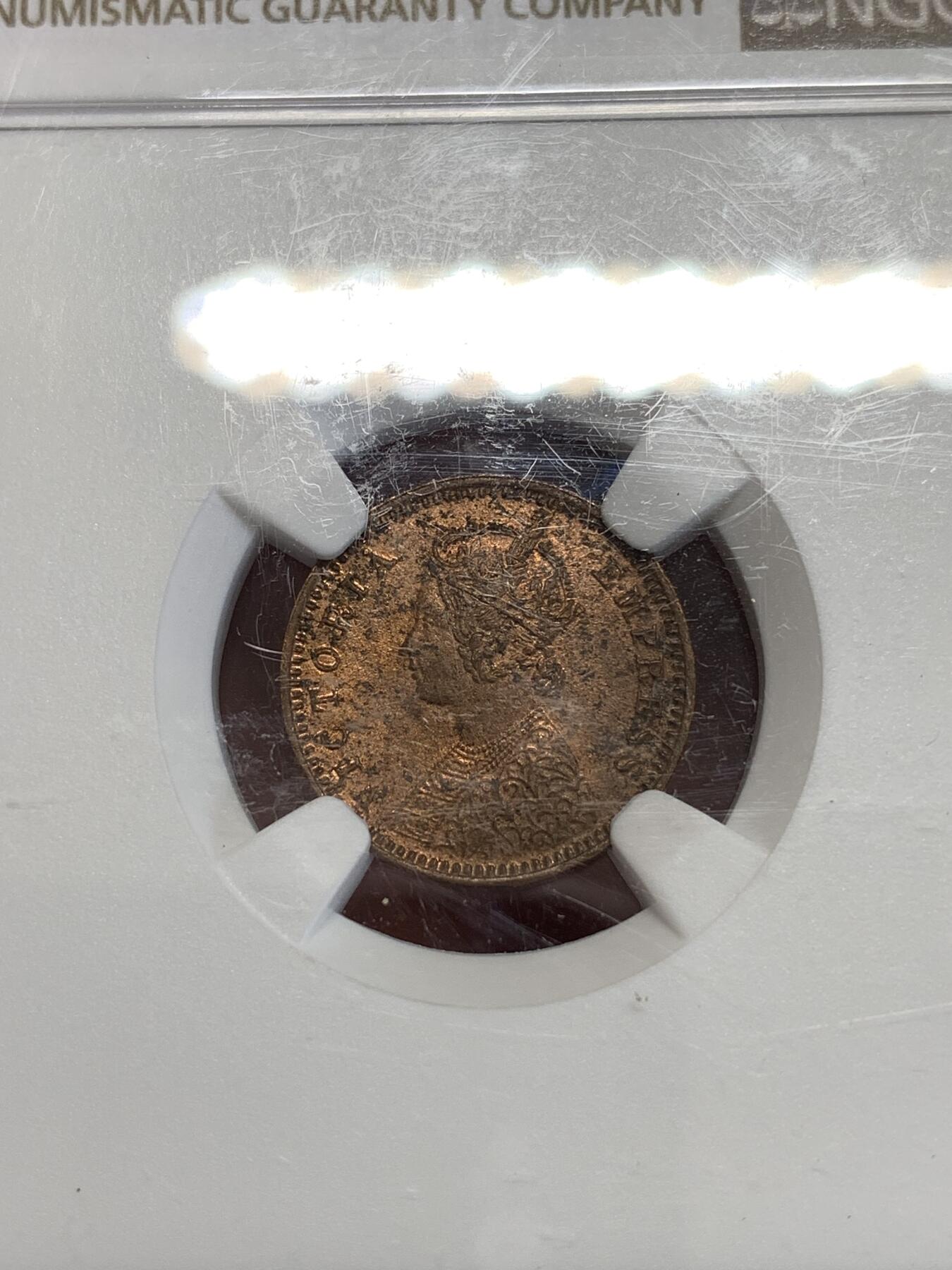 《竞宝斋》第298场- 周日，周一  2场连拍 （全场包邮） NGC MS62RB 印度1897-C版1/12安娜铜币