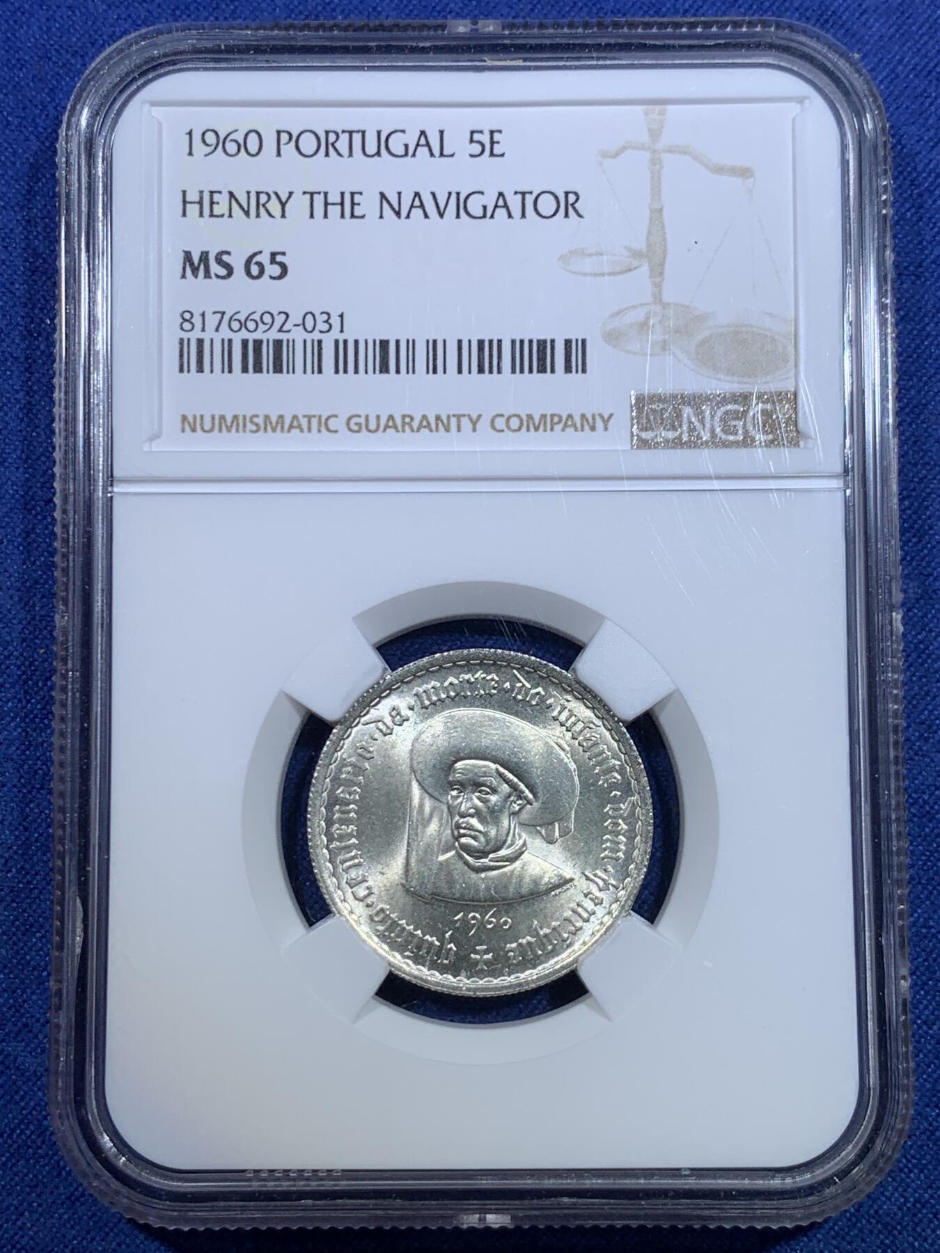 《竞宝斋》第298场- 周日，周一  2场连拍 （全场包邮） NGC MS65 葡萄牙1960年亨利王子500周年5埃斯库多银币