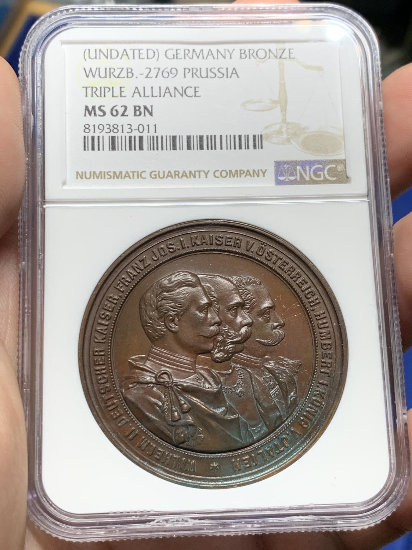 《竞宝斋》第298场- 周日，周一  2场连拍 （全场包邮） NGC MS62BN 德国 1892 普鲁士 奥地利和意大利联盟”奖章 状态低评 巧克力包浆 可藏