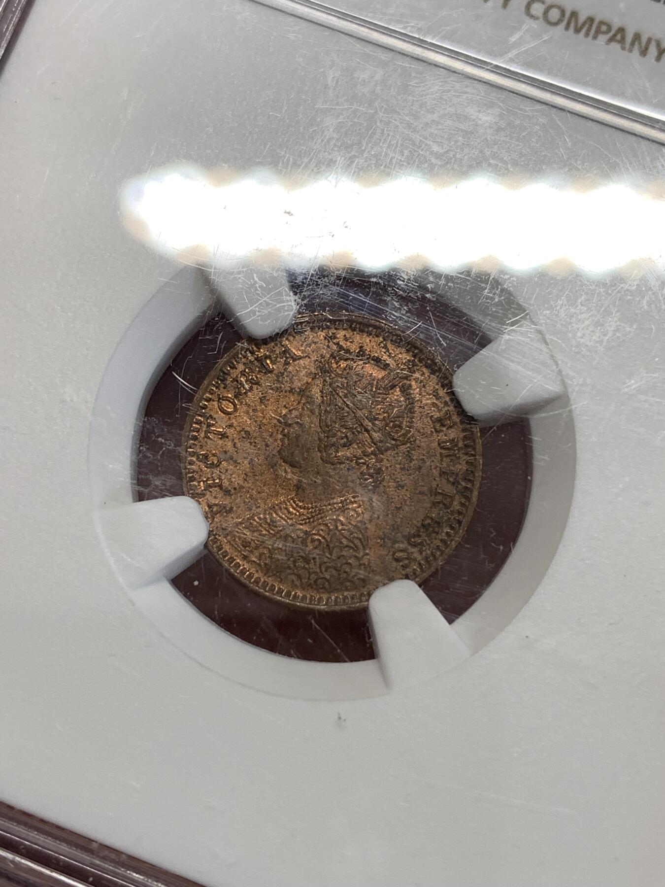 《竞宝斋》第298场- 周日，周一  2场连拍 （全场包邮） NGC MS62RB 印度1897-C版1/12安娜铜币