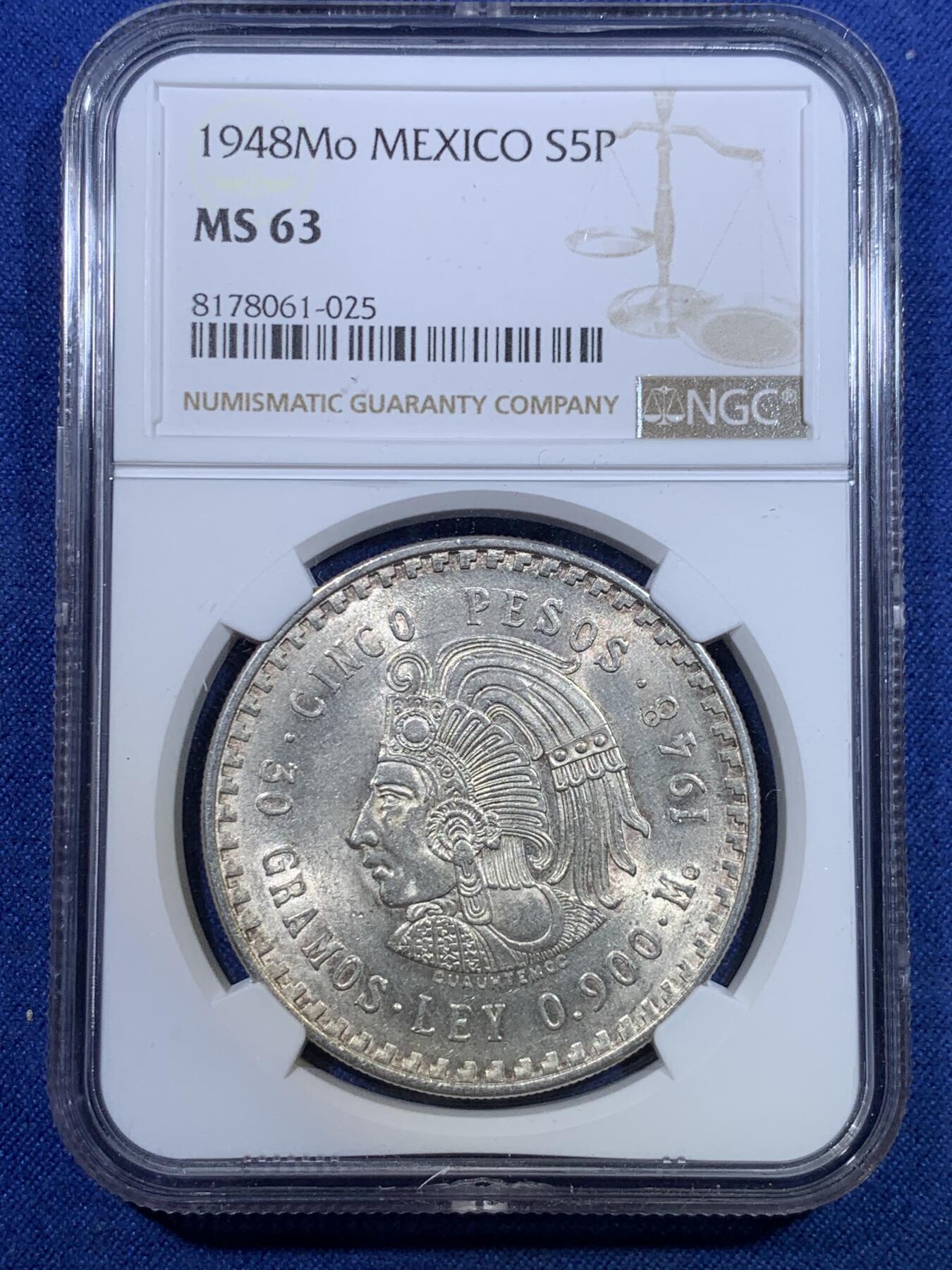 《竞宝斋》第298场- 周日，周一  2场连拍 （全场包邮） NGC MS63 墨西哥1948年玛雅酋长5比索鹰洋大银币