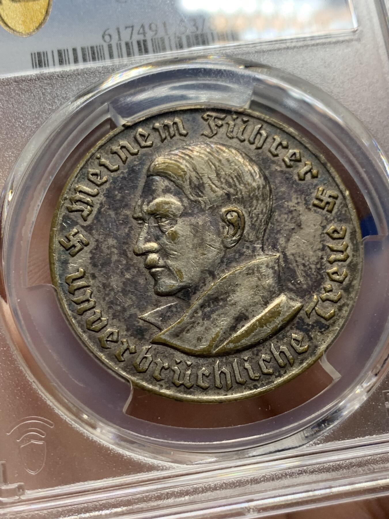 《竞宝斋》第298场- 周日，周一  2场连拍 （全场包邮） PCGS AU53 德国 1934年 帝国布霍尔茨国家社会主义者纪念馆落成镀银纪念铜章 原味包浆 少见品种