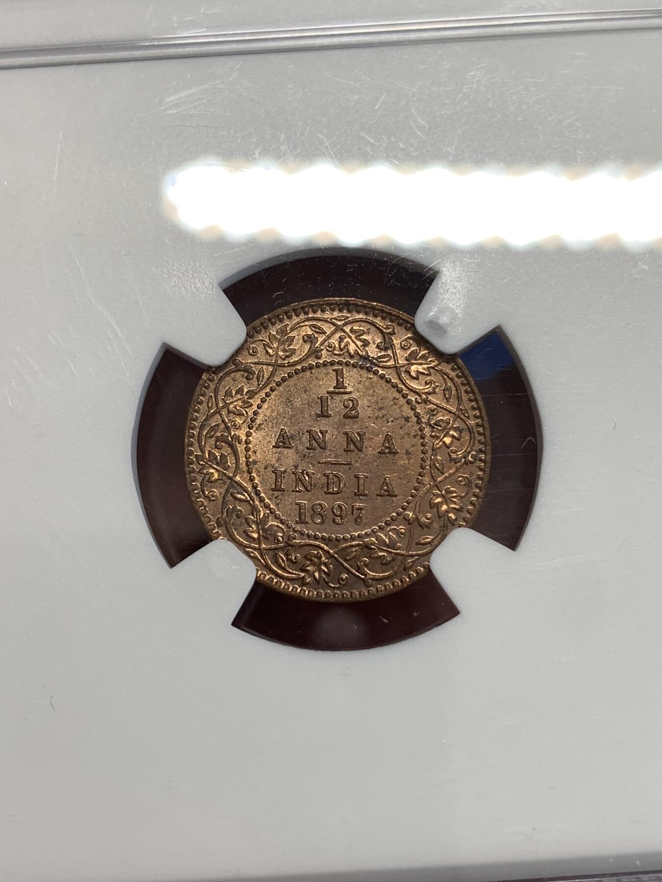 《竞宝斋》第298场- 周日，周一  2场连拍 （全场包邮） NGC MS62RB 印度1897-C版1/12安娜铜币