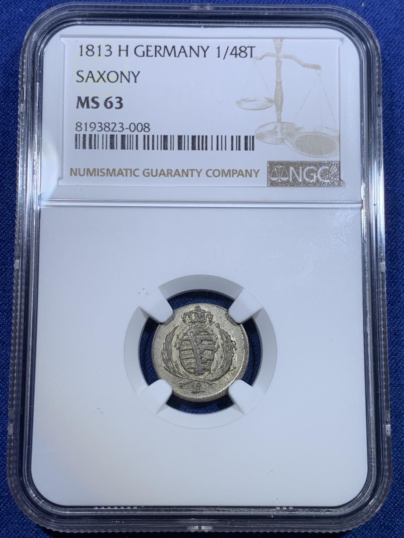 《竞宝斋》第298场- 周日，周一  2场连拍 （全场包邮） NGC MS63 德国 1813 萨克森 1/48泰勒 银币 小而精 细节极好