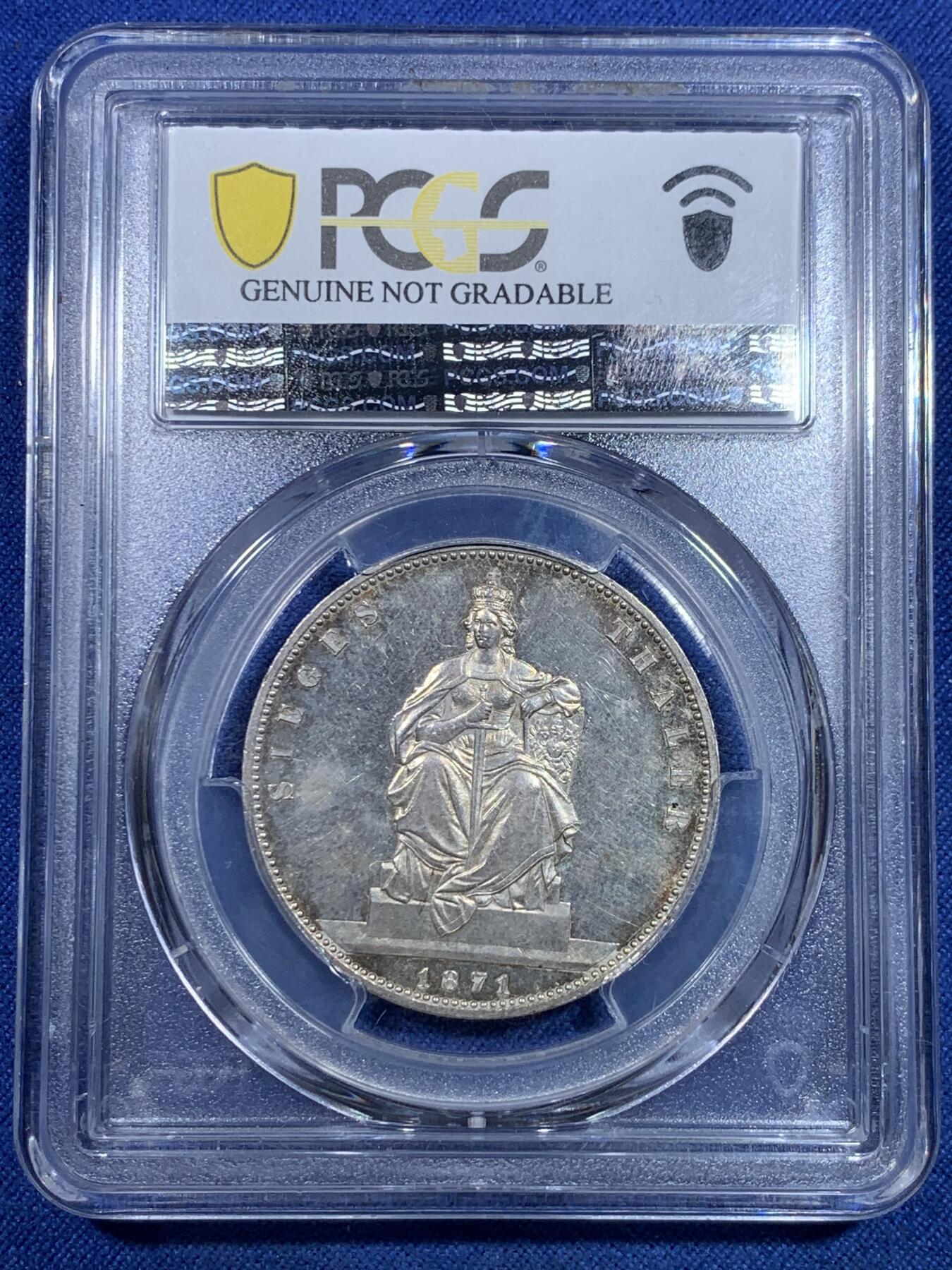 《竞宝斋》第298场- 周日，周一  2场连拍 （全场包邮） PCGS UNCD 1871年德国普鲁士普法战争胜利1泰勒 细节很好 正面有洗痕 PL带五彩状态