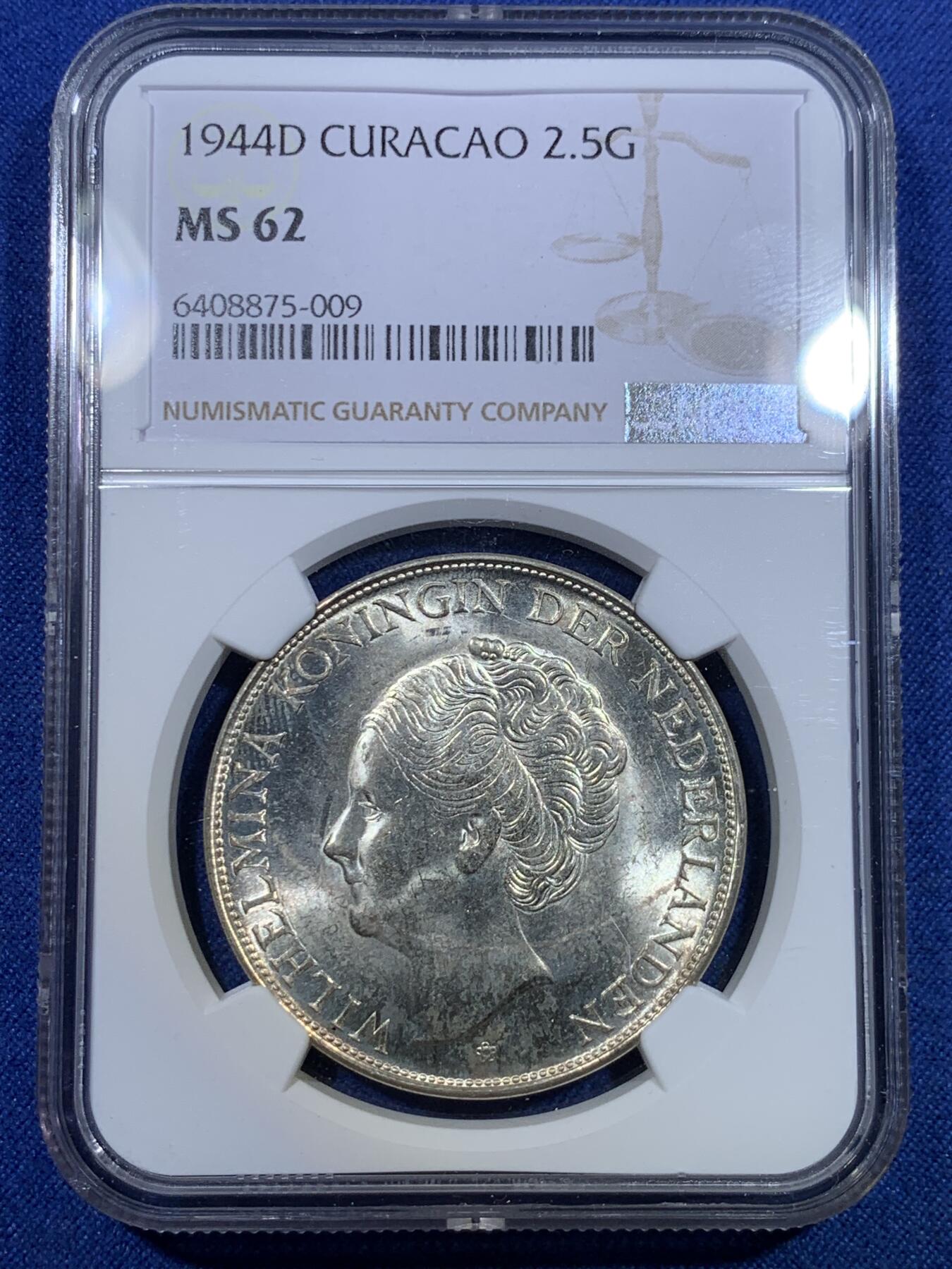 《竞宝斋》第298场- 周日，周一  2场连拍 （全场包邮） NGC MS62 荷属库拉索1944年威廉敏娜2.5盾大银币 原光好品