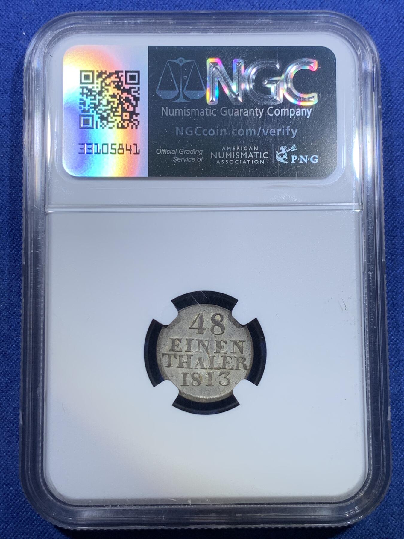 《竞宝斋》第298场- 周日，周一  2场连拍 （全场包邮） NGC MS63 德国 1813 萨克森 1/48泰勒 银币 小而精 细节极好