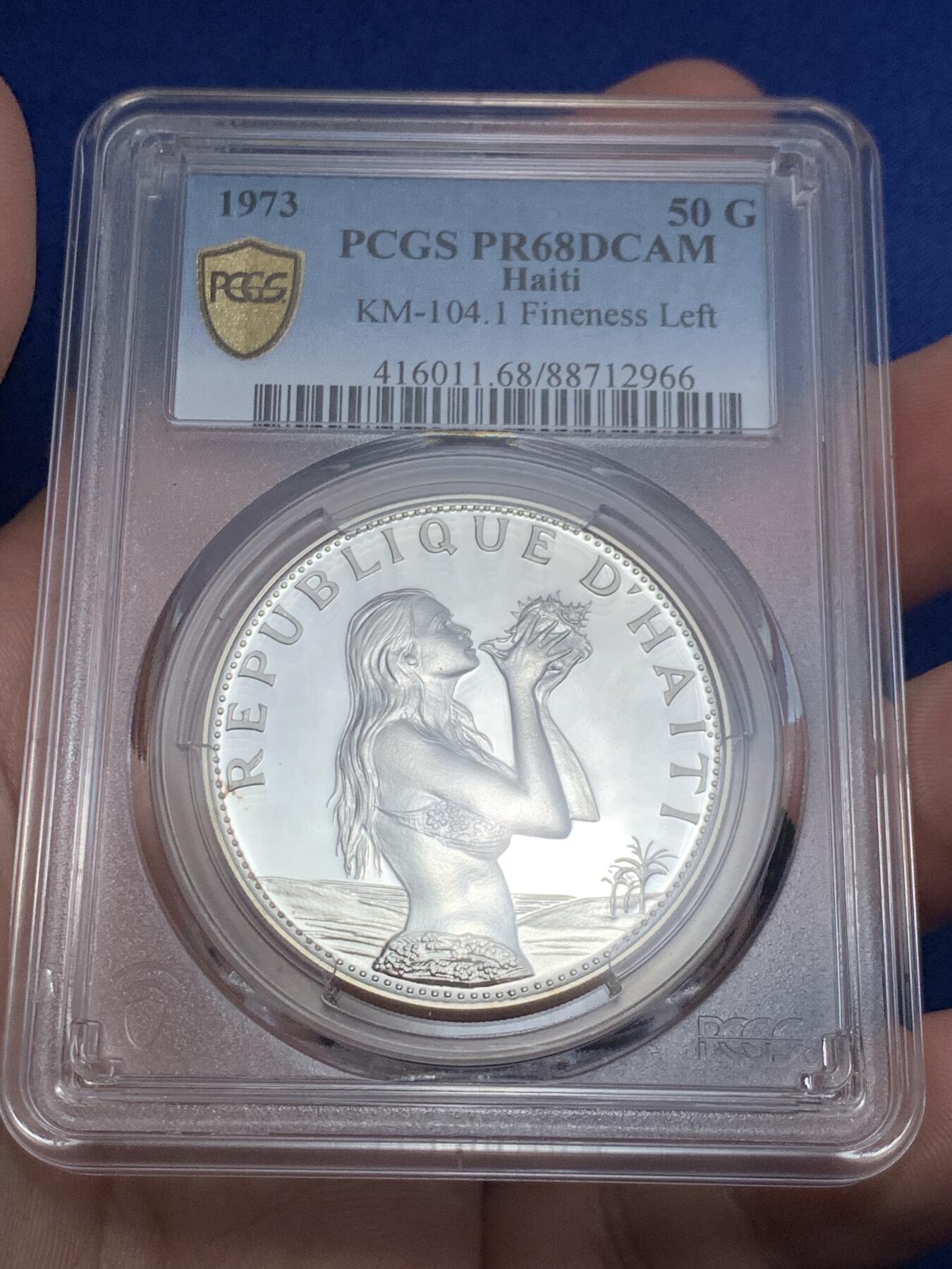 《竞宝斋》第298场- 周日，周一  2场连拍 （全场包邮） 四枚一套 PCGS PR67-69 1973年海地25-50古德银币 吹海螺的少女 带原包装钱包