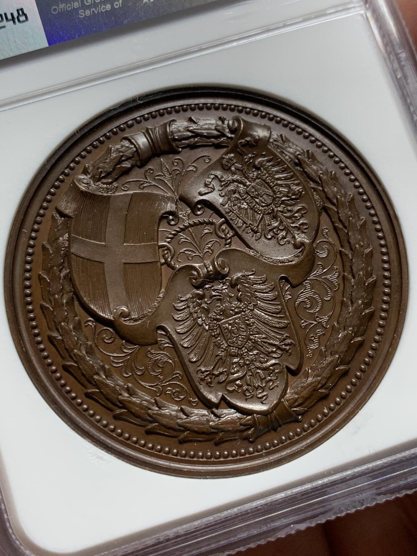 《竞宝斋》第298场- 周日，周一  2场连拍 （全场包邮） NGC MS62BN 德国 1892 普鲁士 奥地利和意大利联盟”奖章 状态低评 巧克力包浆 可藏