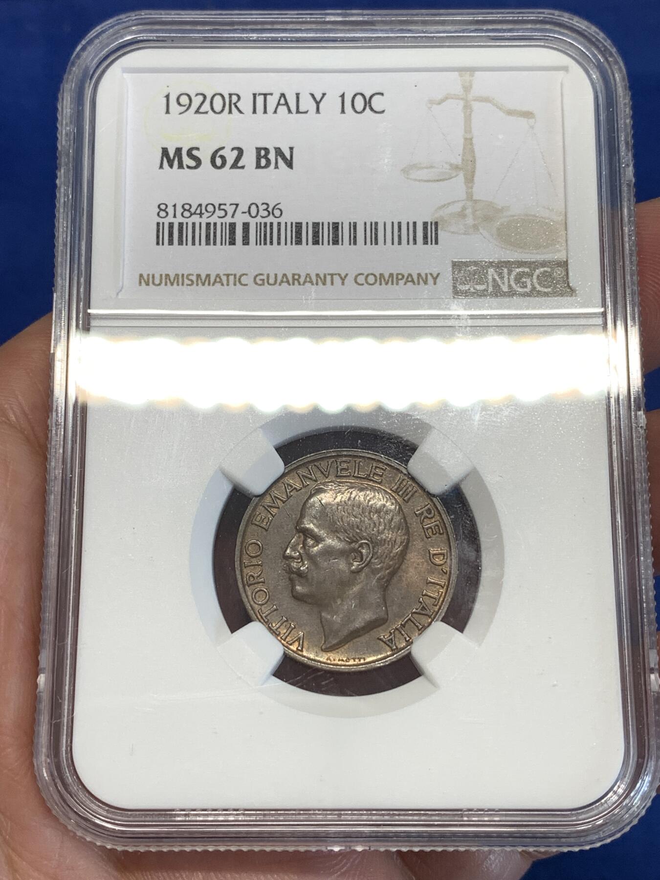 《竞宝斋》第298场- 周日，周一  2场连拍 （全场包邮） NGC MS62BN 1920R意大利10C 小蜜蜂 大热 包浆厚重 细节犀利