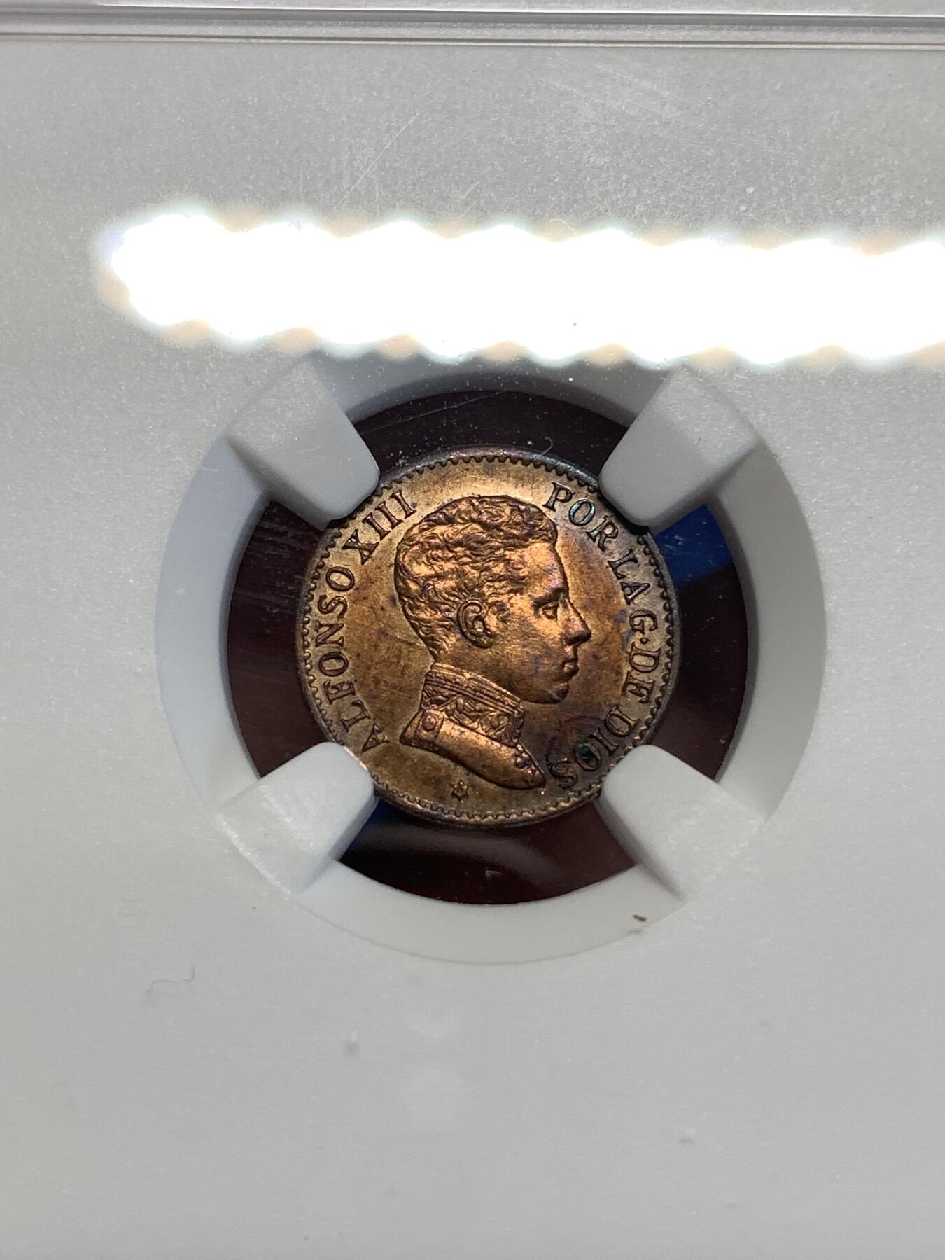 《竞宝斋》第298场- 周日，周一  2场连拍 （全场包邮） NGC MS62BN 西班牙1906年阿方索十三世1分铜币