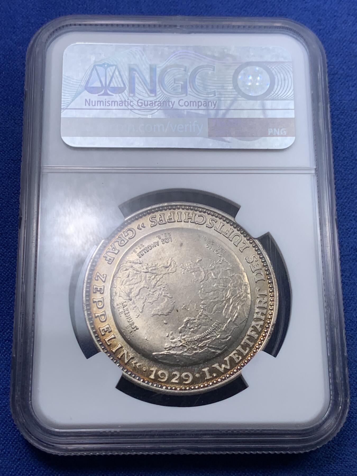 《竞宝斋》第298场- 周日，周一  2场连拍 （全场包邮） NGC MS64 德国1929齐柏林飞艇环球飞行纪念银章 落日金