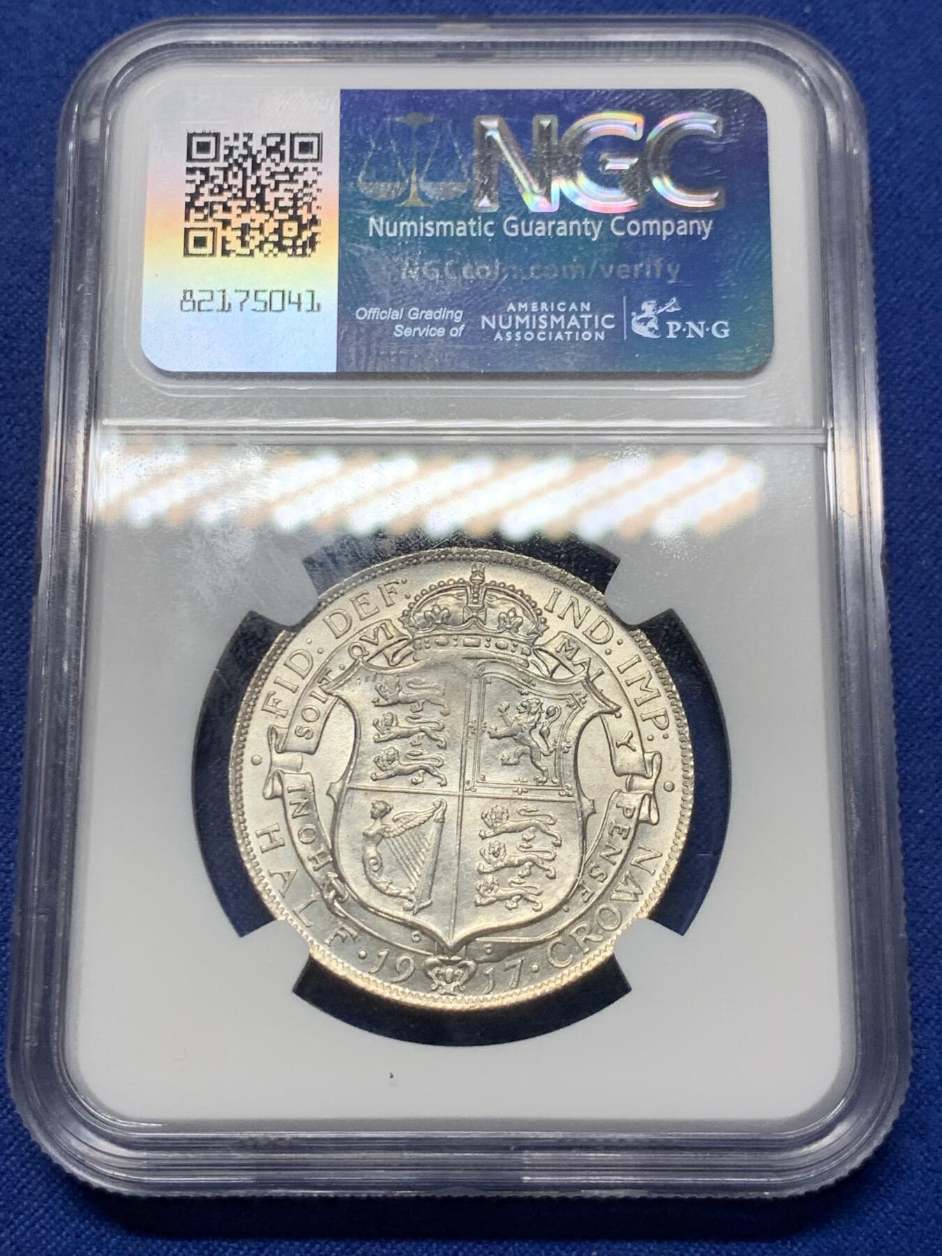 《竞宝斋》第299场- 周日，周一  2场连拍 （全场包邮） NGC MS63 英国1917乔治五世半克朗 强转光 cgs80砸出 上海n低评