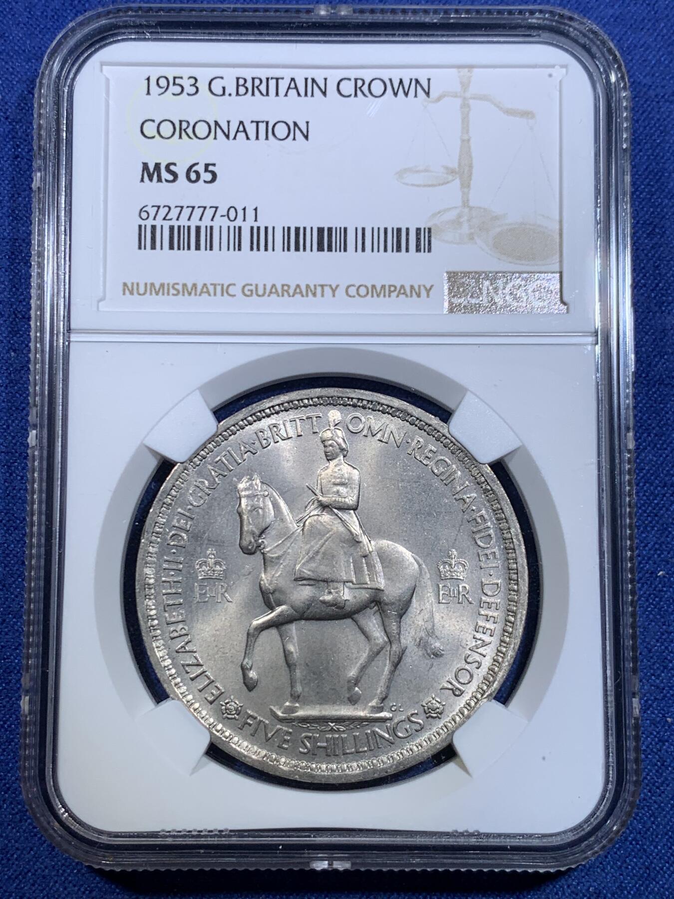《竞宝斋》第299场- 周日，周一  2场连拍 （全场包邮） NGC MS65 1953年英国伊丽莎白二世登基纪念克朗 高分好状态