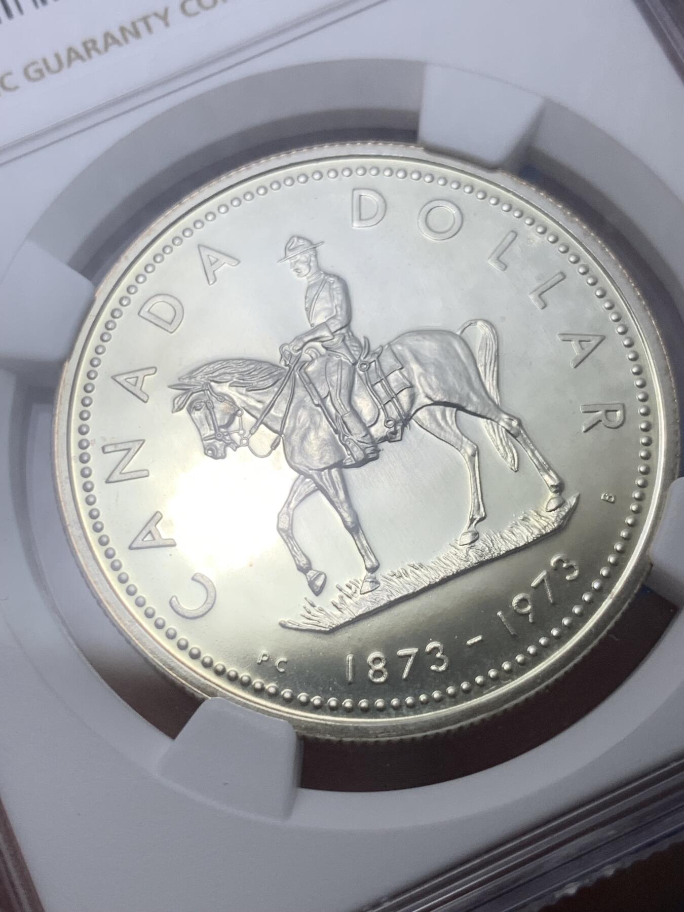 《竞宝斋》第299场- 周日，周一  2场连拍 （全场包邮） NGC SP64 加拿大1973年皇家骑警精制纪念银币 镜面美品