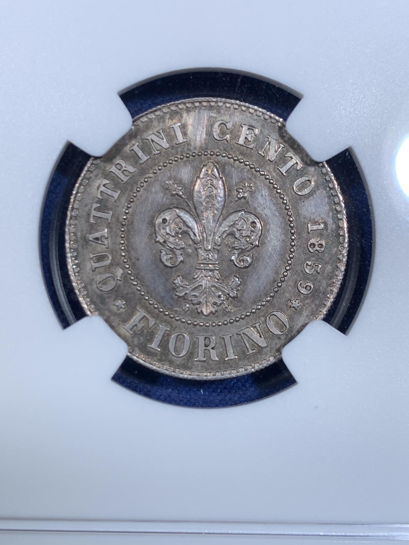 《竞宝斋》第299场- 周日，周一  2场连拍 （全场包邮） NGC MS62 意大利1859托斯卡纳临时政府1弗洛林，单年版，临时政府发行的唯一银币。状态极佳带PL