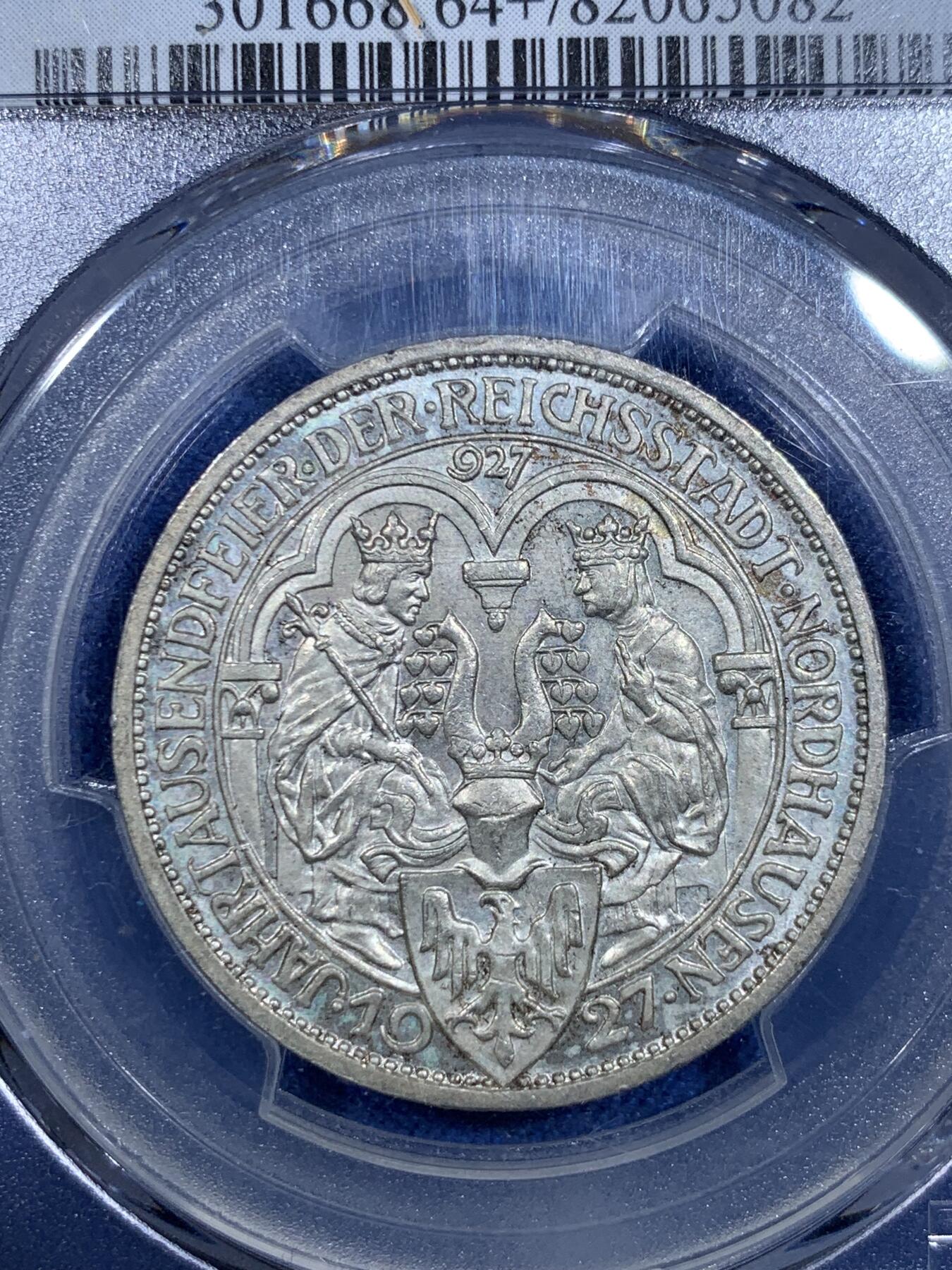 《竞宝斋》第299场- 周日，周一  2场连拍 （全场包邮） PCGS MS64+ 德国1927A魏玛时期诺德豪森3马克银币，克书MS63标价650美金，少见